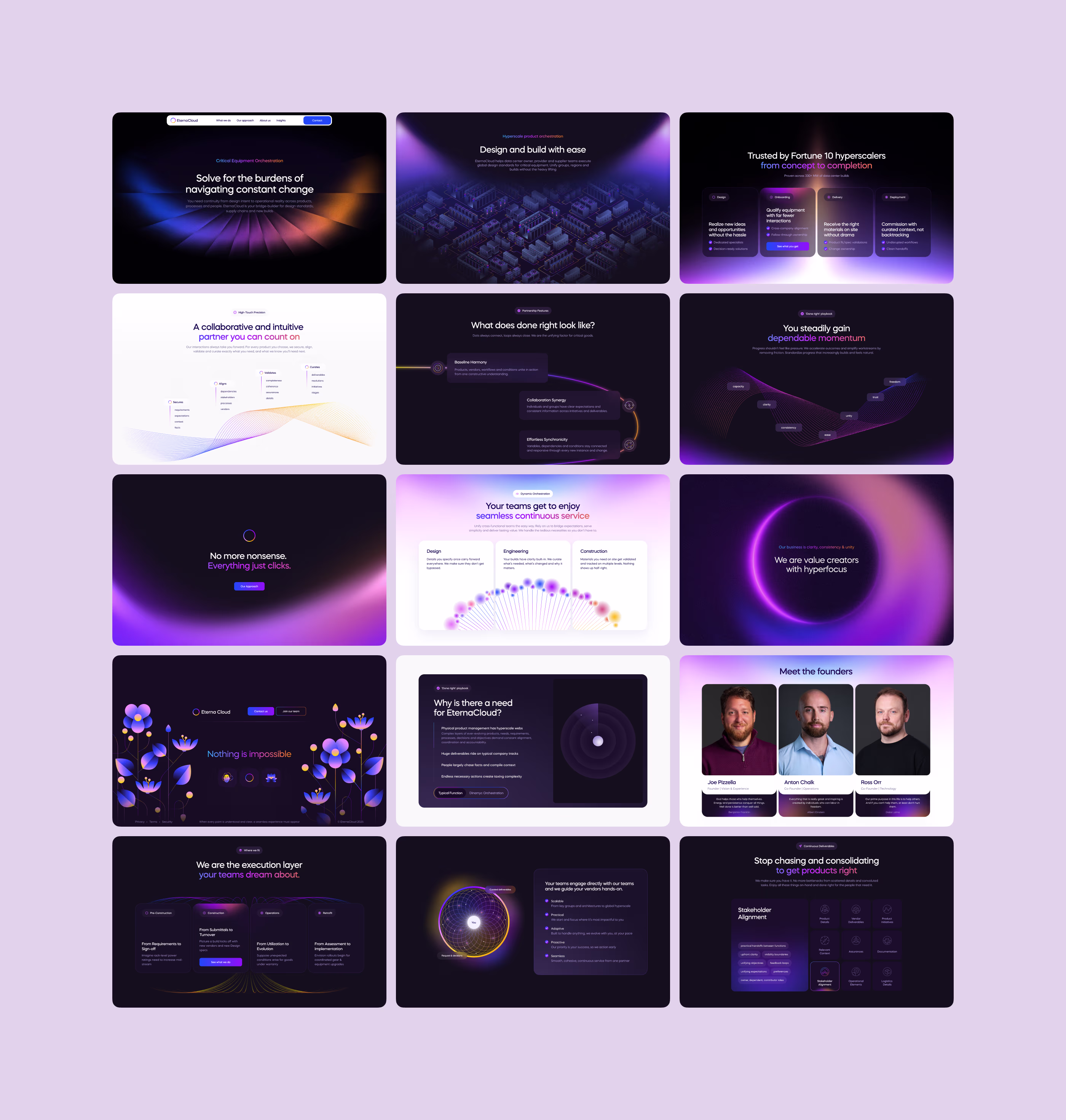 Collection of EternaCloud website design case study screens showcasing key site sections, brand colors, and user experience elements for enterprise cloud management