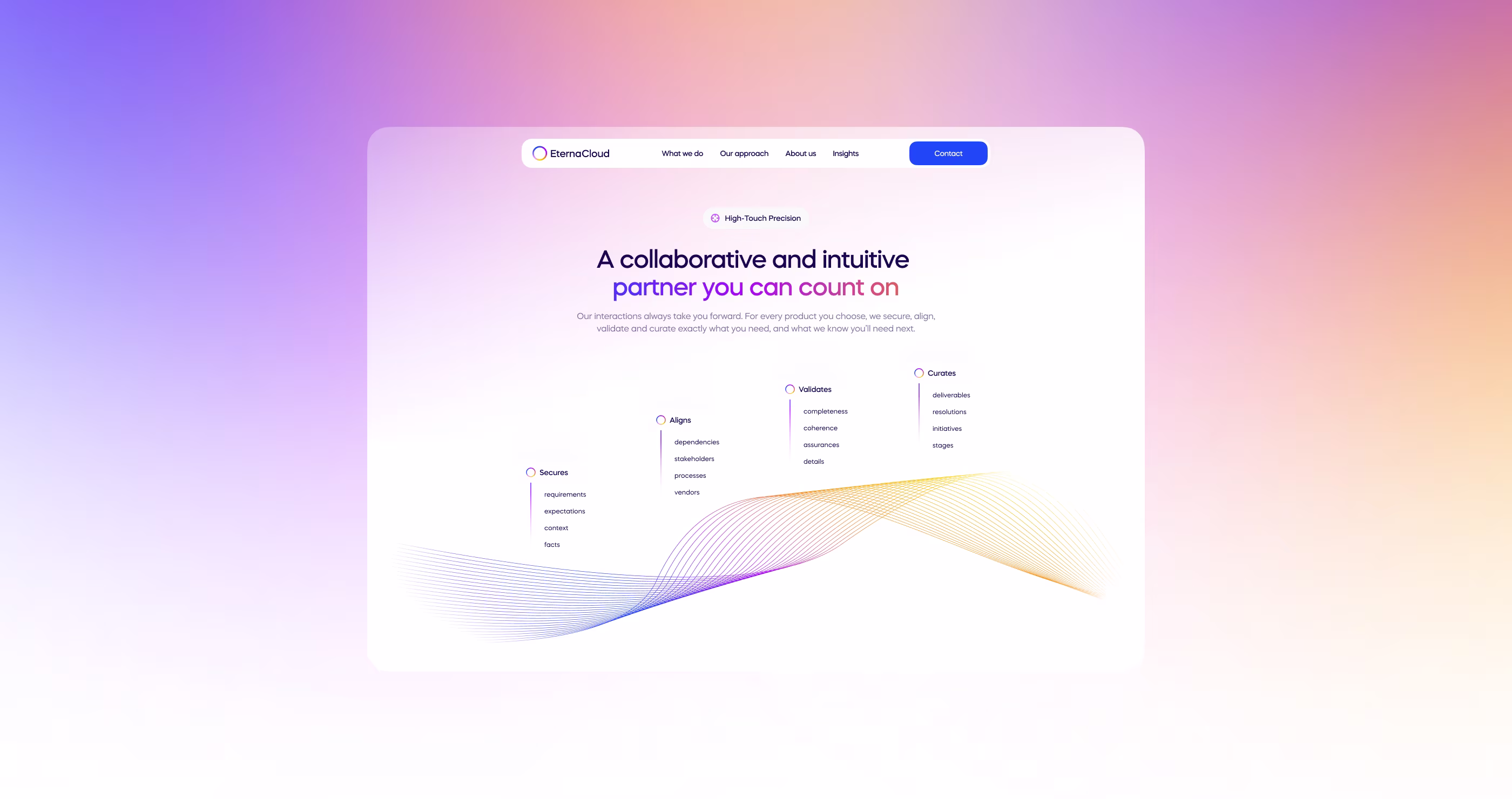 Detailed view of EternaCloud’s service offering page with layered gradients, data center visualization, and structured benefit boxes for product orchestration