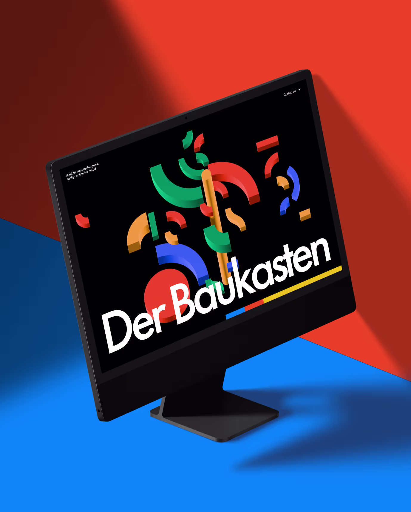Der Baukasten hero section on a desktop screen with scattered colorful 3D shapes and white logotype on a black canvas.