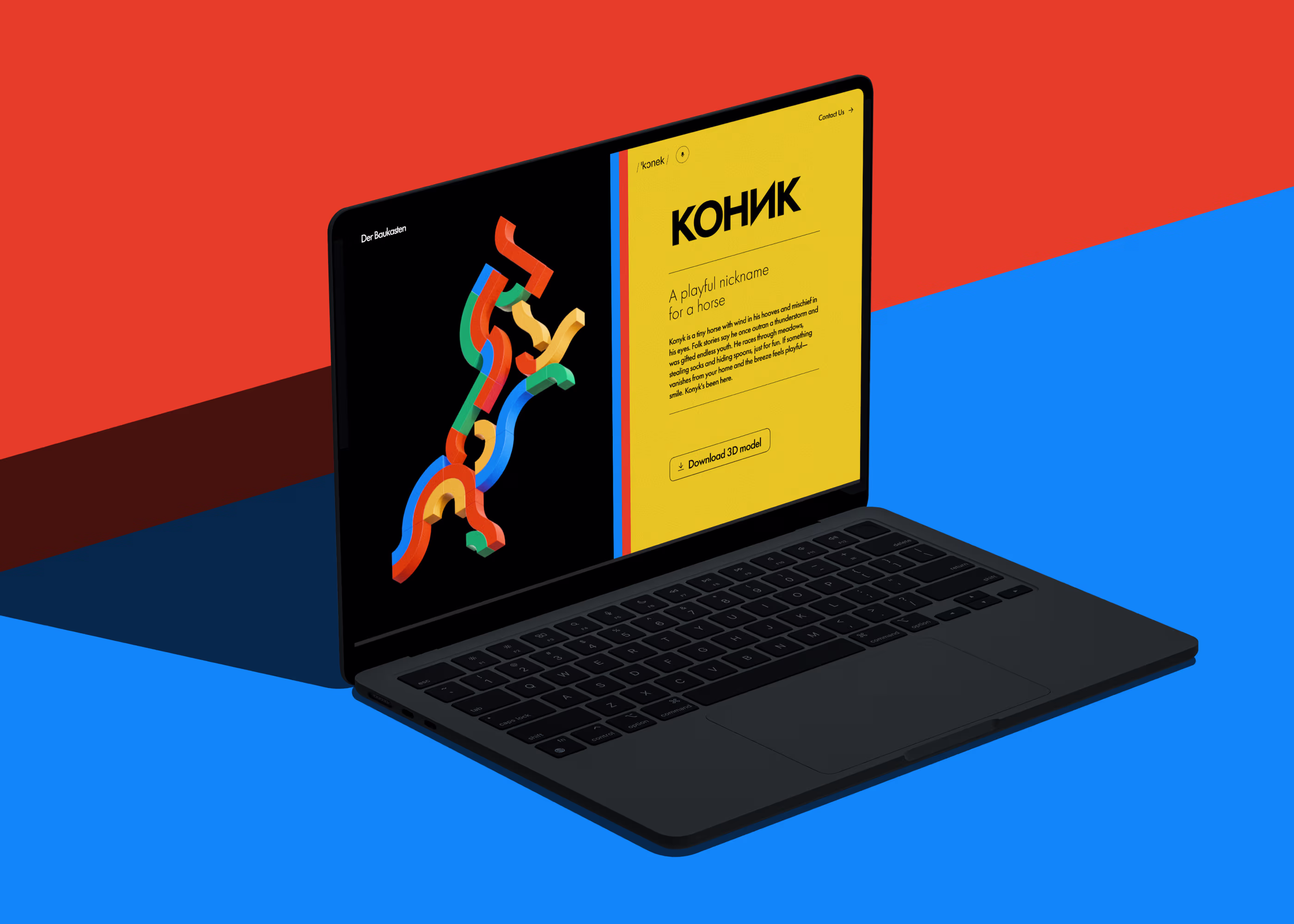 Laptop mockup displaying a vibrant Der Baukasten web page with a modular 3D figure on a bold red and blue background