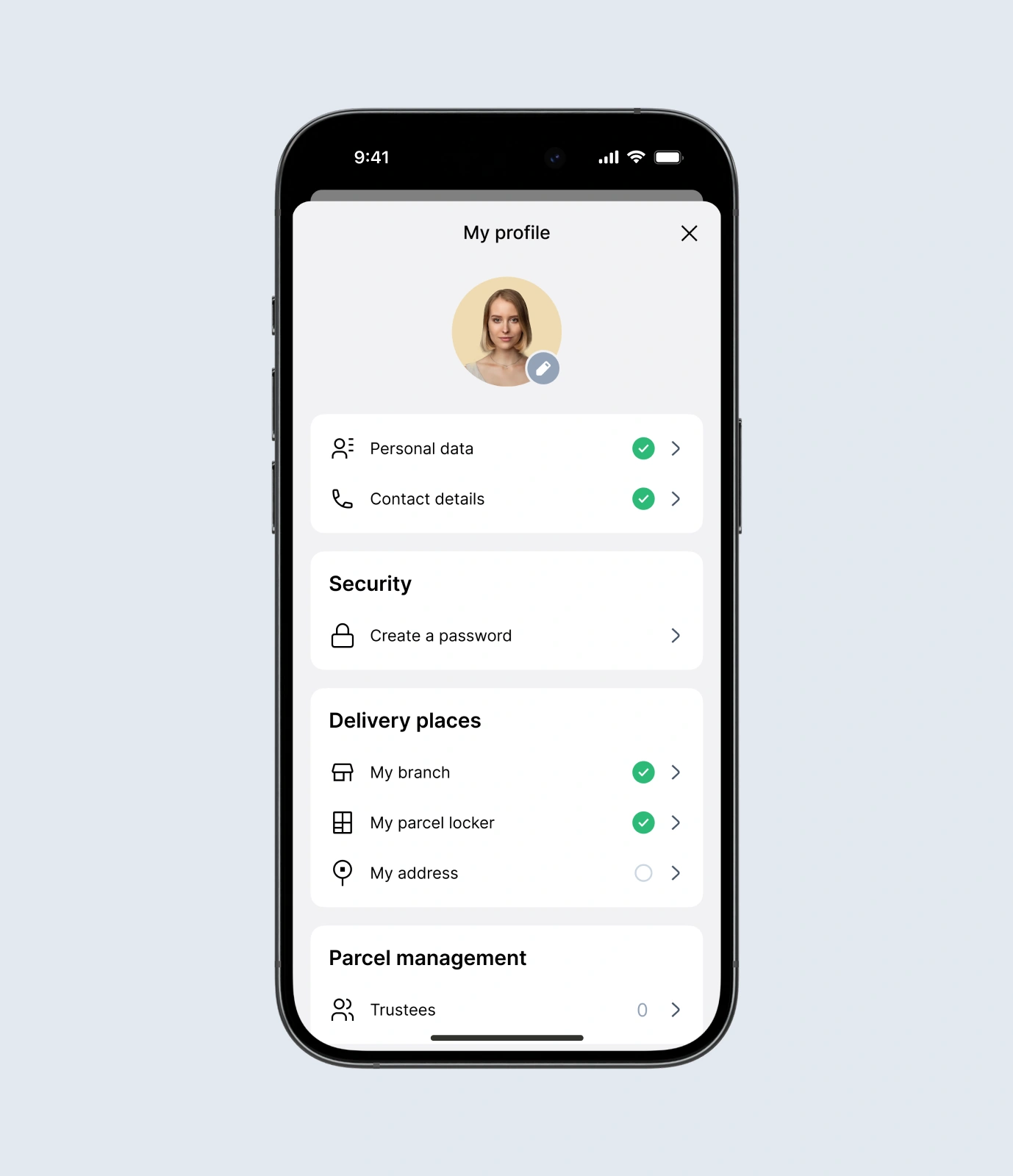 A UI/UX design showcase of the "My profile" screen for the Nova Post mobile app. A smartphone mockup displays a clean, white interface with a user's circular profile photo and organized menu sections for Personal data, Contact details, and Security settings. The layout features green checkmark status indicators for verified information and dedicated sections for managing preferred "Delivery places," including specific options for the user's primary branch, parcel locker, and home address.