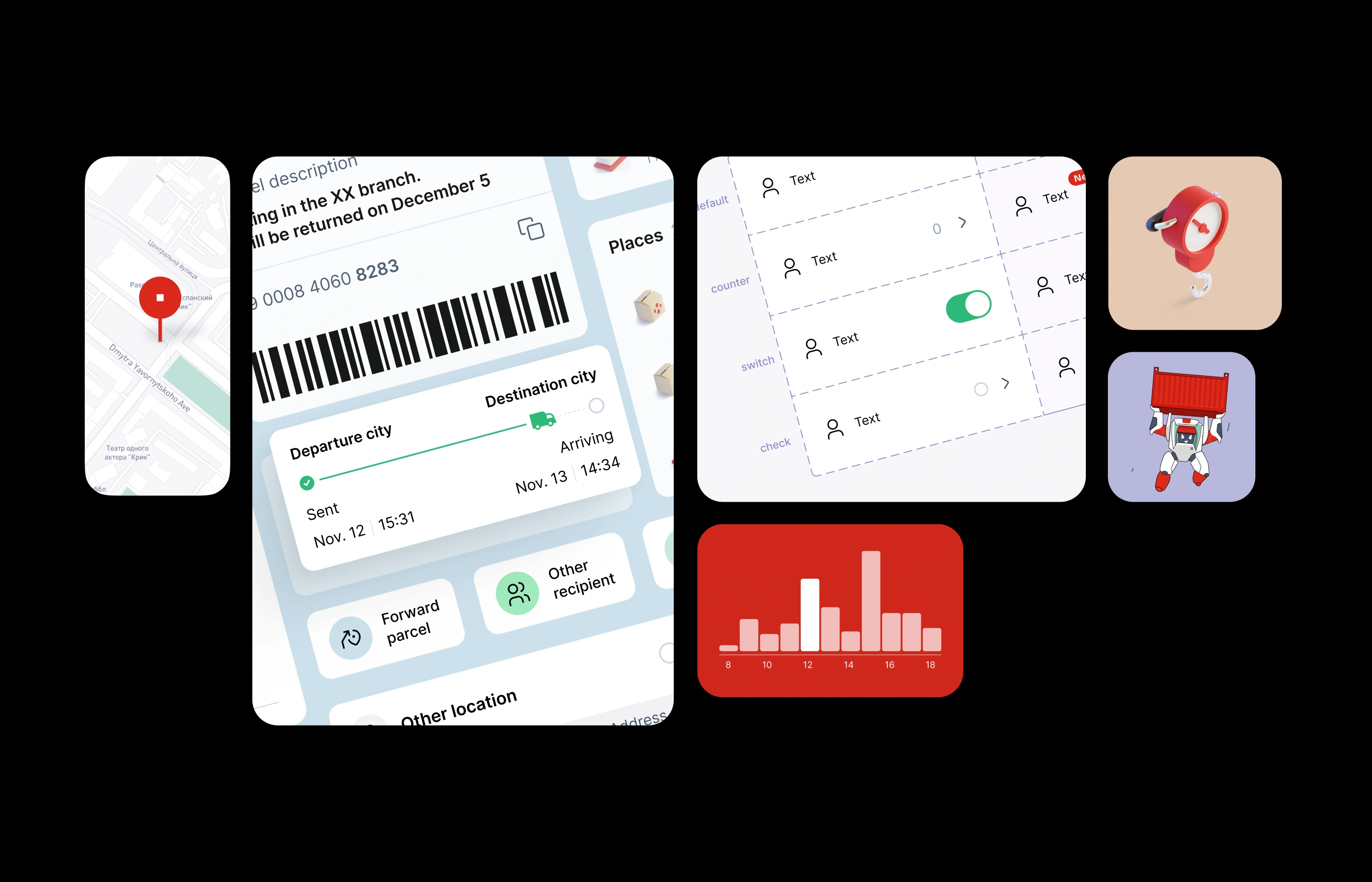 A technical UI/UX design collage showcasing the foundational elements of the Nova Post design system. The composition features a detailed parcel tracking card with arrival timelines, a map view with location pins, and a "User Profile" component library detailing text fields, counters, switches, and checkboxes. Accompanying these are a red bar chart for traffic data, custom 3D assets of a hanging scale and a robot mascot lifting a shipping container, all unified by a consistent aesthetic of soft shadows and bold primary red accents.