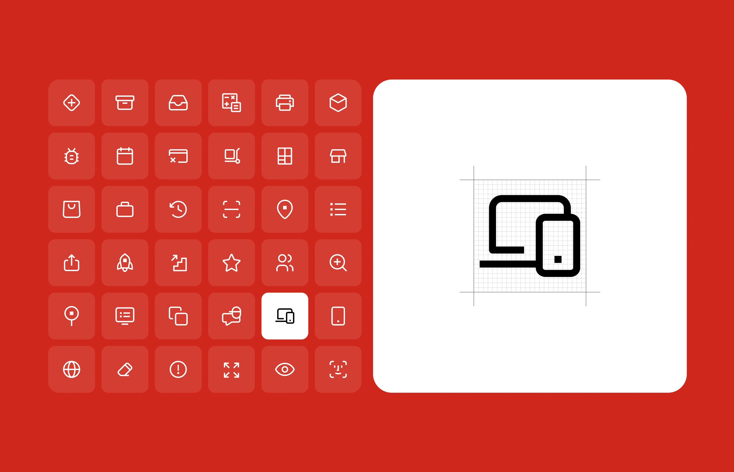 A professional icon set for the Nova Post digital design system. On the left, a grid of 49 white minimalist line icons is displayed on a bold red background, representing various app functions like tracking, notifications, and settings. On the right, a close-up "computer and mobile" icon is shown on a technical design grid to demonstrate pixel-perfect construction.