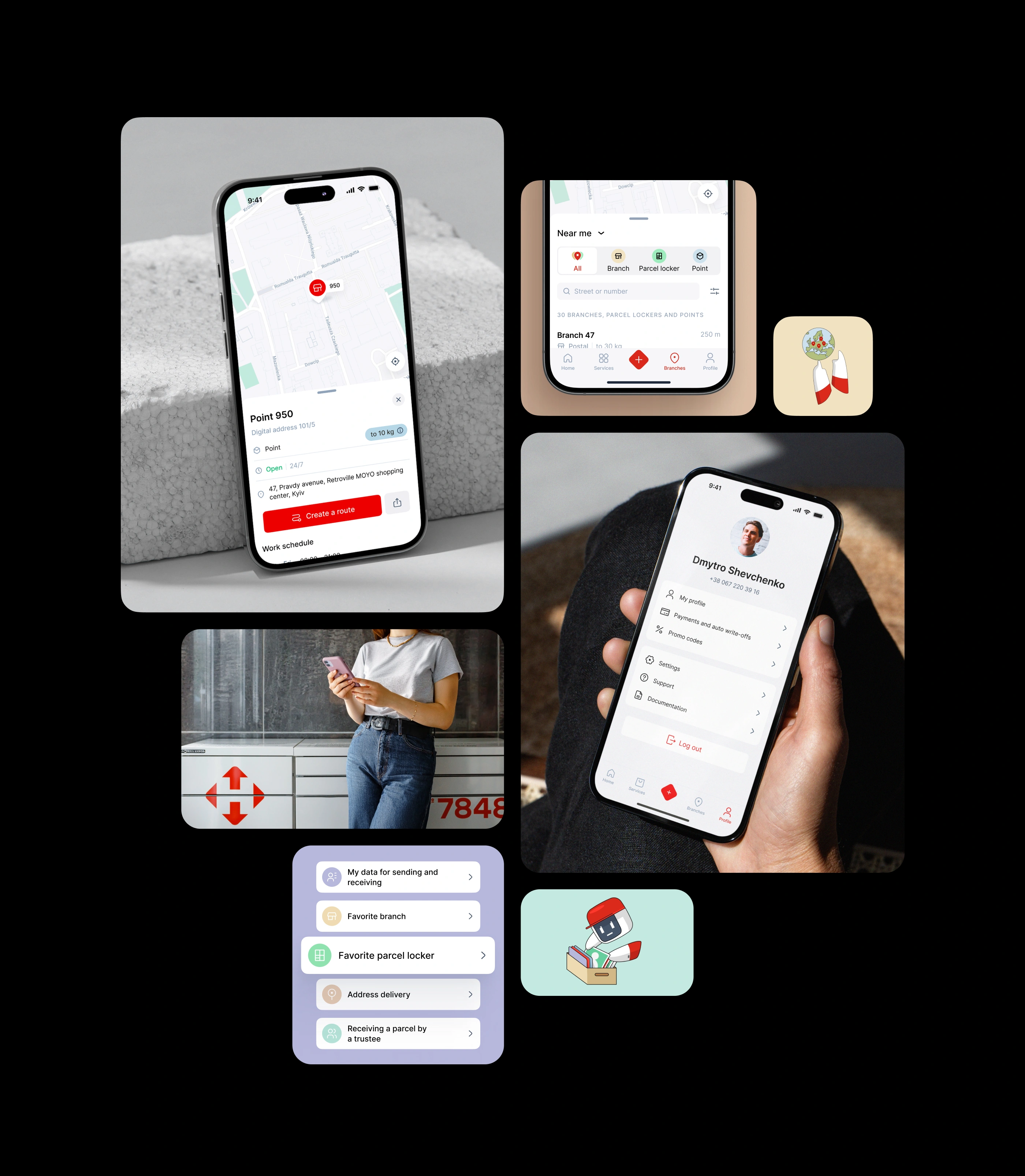 A UI collage for the Nova Post app focusing on branch discovery and profile management. It features a smartphone showing a "Point 950" location in Kyiv on a map, a "Near me" filter for branches and parcel lockers, and a detailed user profile screen. A lifestyle image shows a user at a physical parcel locker terminal.