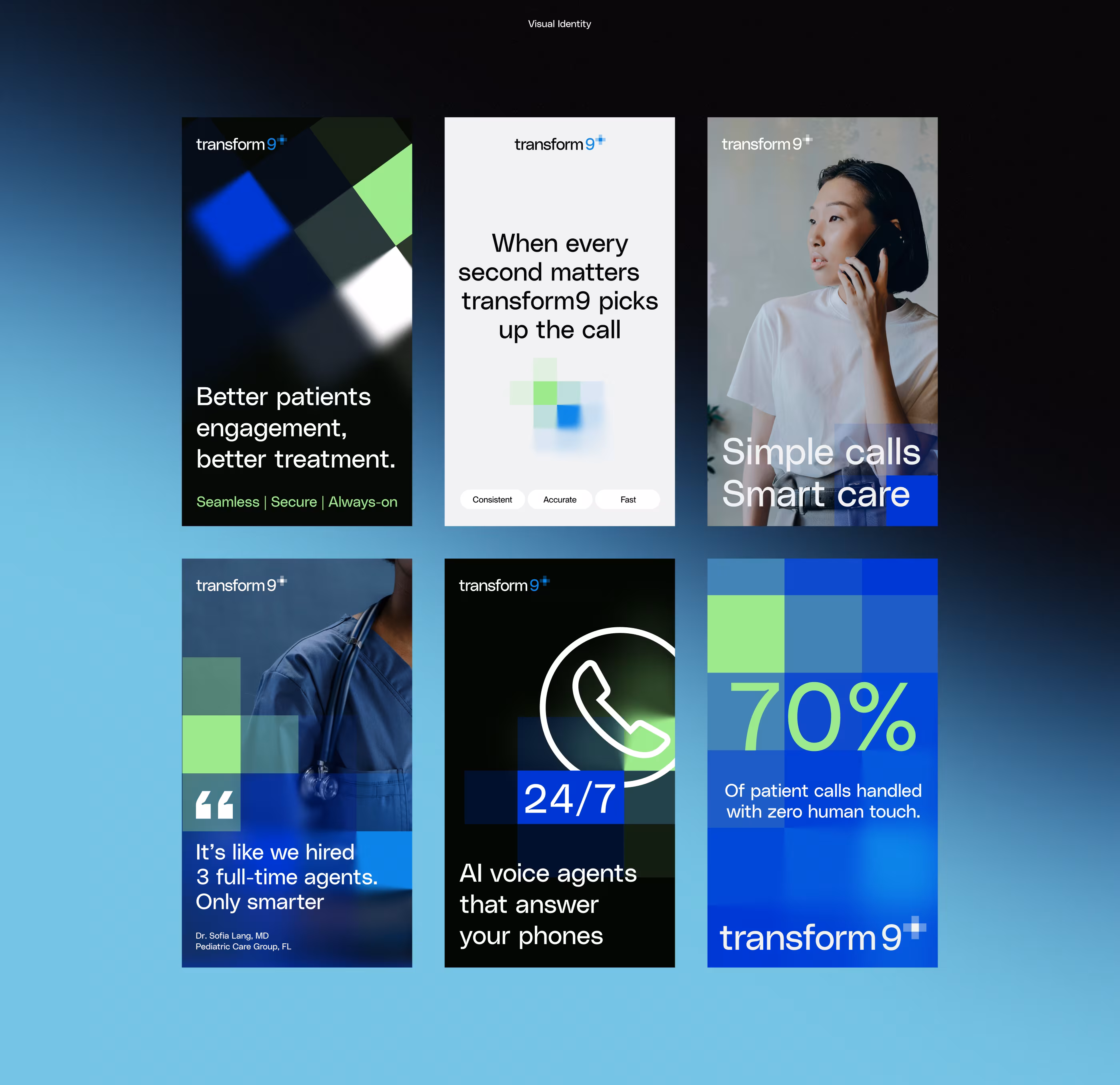 Visual identity system for healthcare AI featuring a grid of mobile UI layouts, vibrant blue and lime green color palette, and patient-focused photography.
