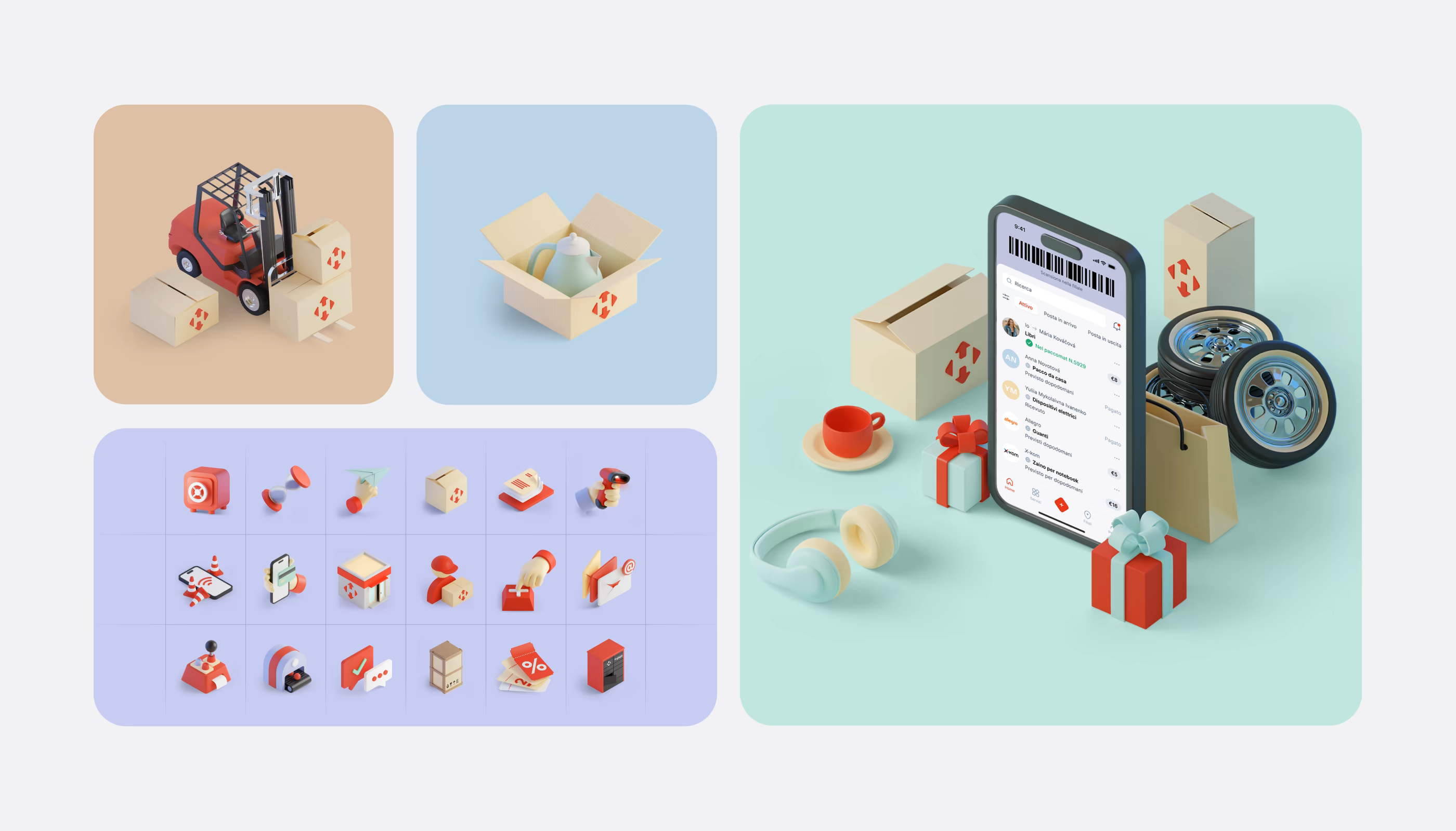 A comprehensive 3D design system for the Nova Post mobile app. The image features a large 3D composition on the right showing a smartphone displaying the app's tracking interface, surrounded by stylized 3D objects like a coffee cup, headphones, tires, and gift boxes. On the left, smaller panels showcase a 3D red forklift moving branded boxes, a kettle inside a parcel, and a grid of eighteen custom 3D icons representing various logistics services like secure storage, barcode scanning, and parcel lockers. The color palette uses soft pastels with bold red accents.
