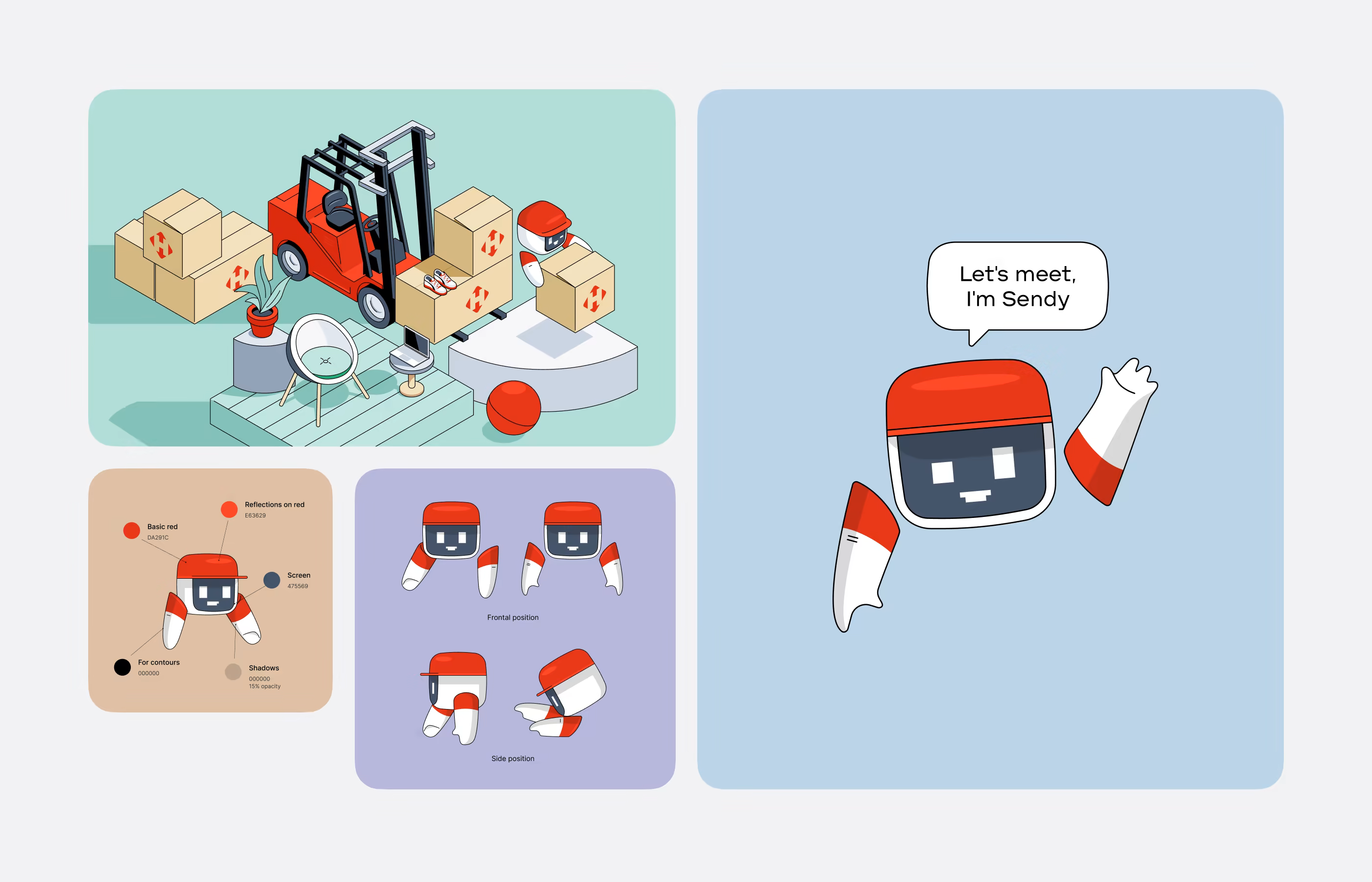 A brand identity showcase for Sendy, the Nova Post mascot. The image features a large illustration of the friendly robot character saying, "Let's meet, I'm Sandy," alongside technical design sheets. These include a color palette breakdown (Basic red, Reflections, Screen, Contours, and Shadows), character model sheets showing frontal and side positions, and an isometric scene of Sandy working in a logistics hub with a red forklift and branded parcels.