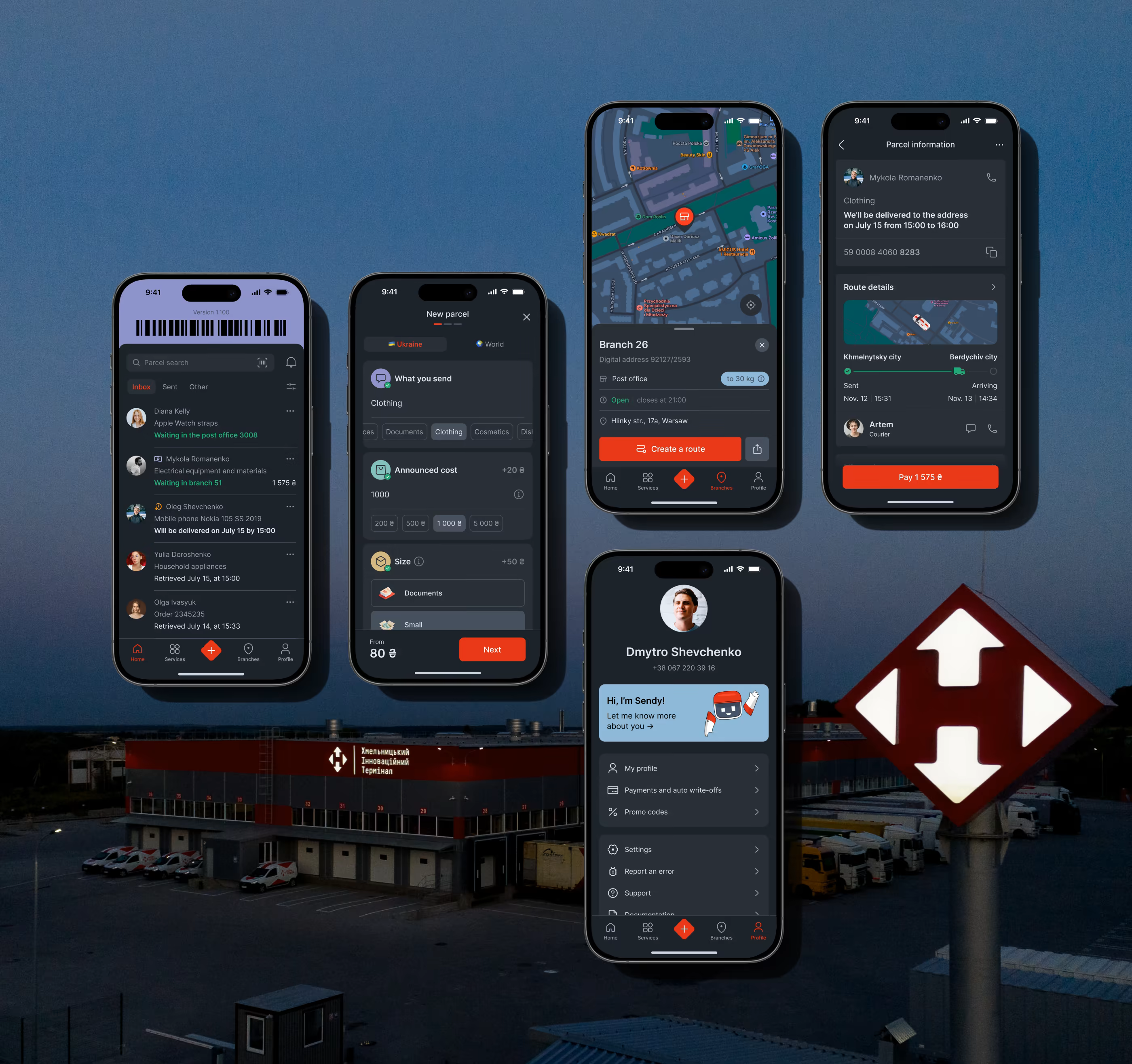 A showcase of the Nova Post mobile application in dark mode. Five smartphone screens demonstrate the dark theme UI, including a parcel search inbox, a "New parcel" creation flow, an interactive branch map for a Warsaw location, detailed route tracking, and a user profile page for "Dmytro Shevchenko" with a clean menu for payments, promo codes, and settings.