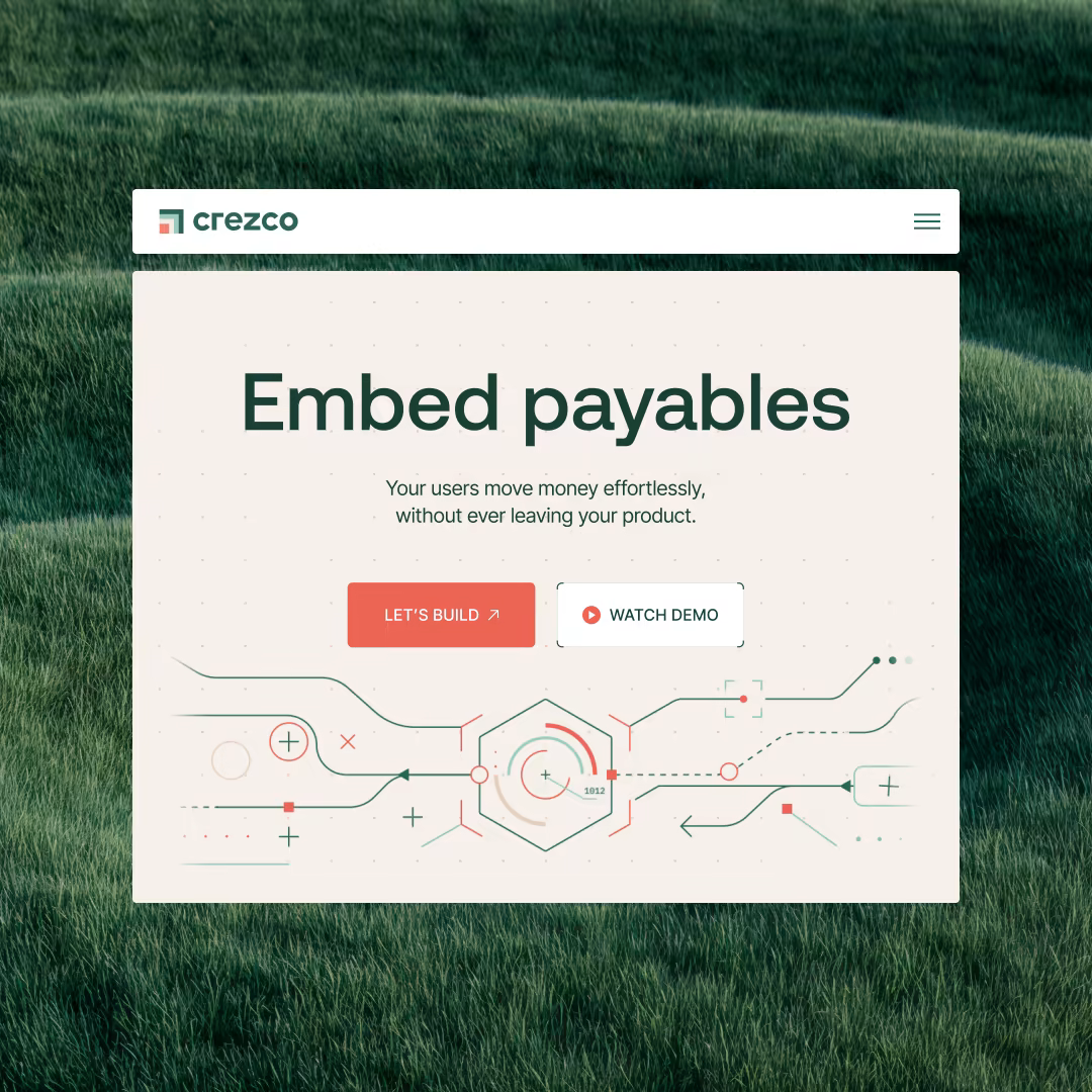 Crezco website hero section on a green field background, with the headline "Embed payables", a tagline, "Let's build" and "Watch demo" buttons, and an abstract payments-network illustration