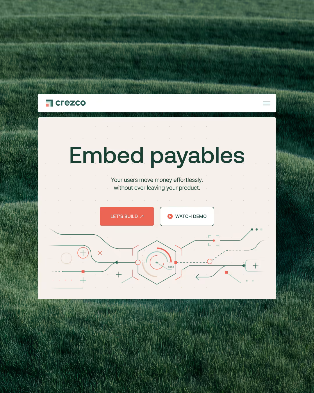 Crezco website hero section "Embed payables" with call-to-action buttons and an abstract payments-network graphic, on a green field background