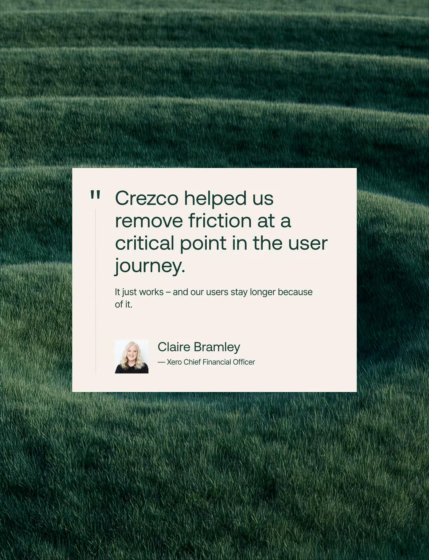 Crezco website testimonial card on a green field background, featuring a client quote from Claire Bramley, Chief Financial Officer at Xero
