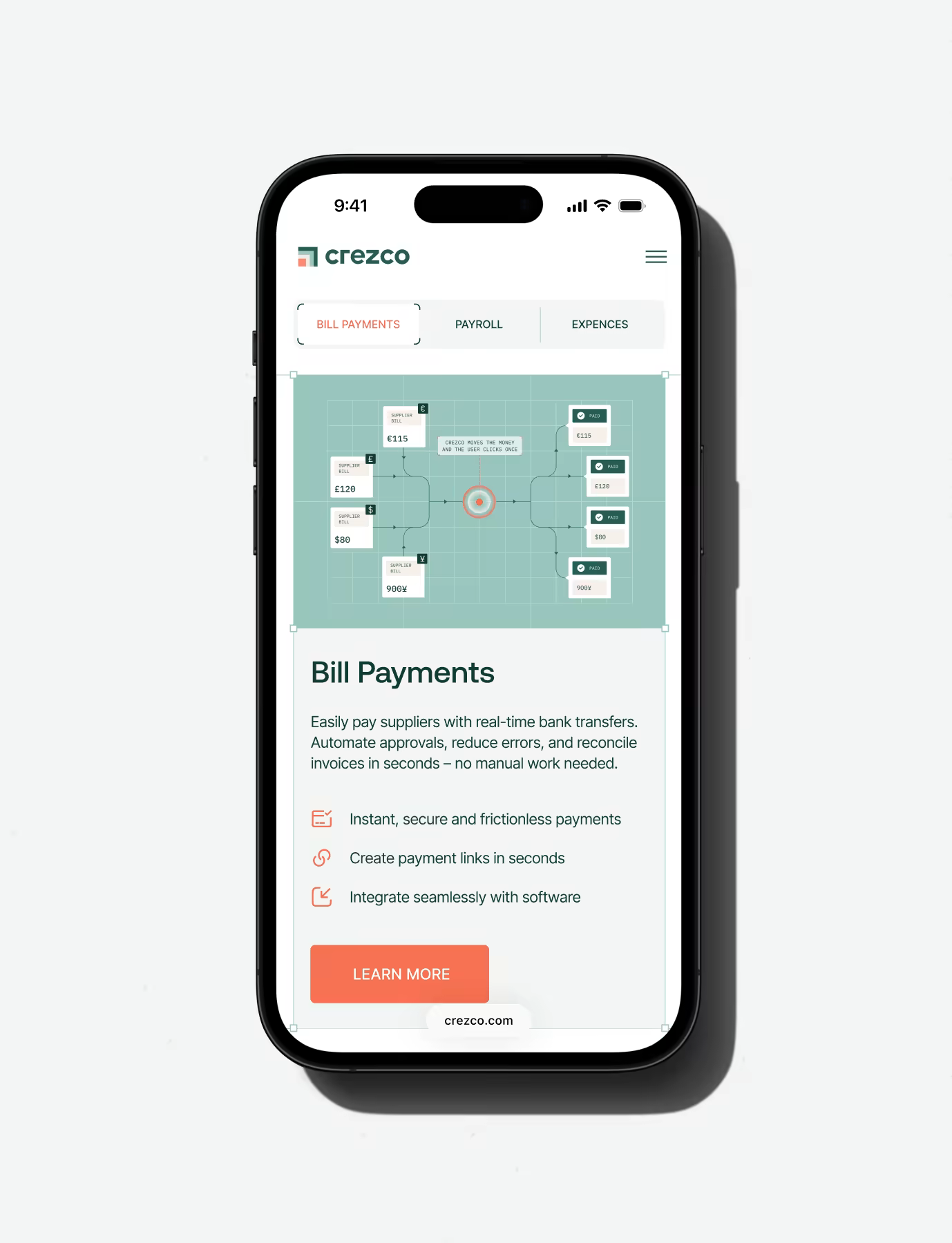 Crezco website Bill Payments section shown on a mobile screen, with a diagram of payments flowing to suppliers and a feature list