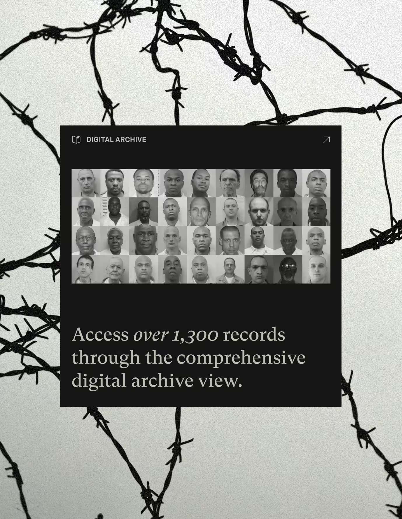 Graphic panel from thealabamasolution.com digital archive view, overlaid with heavy barbed wire imagery, featuring identity portraits and text referencing over 1,300 records of Alabama prison deaths. Tubik web design.