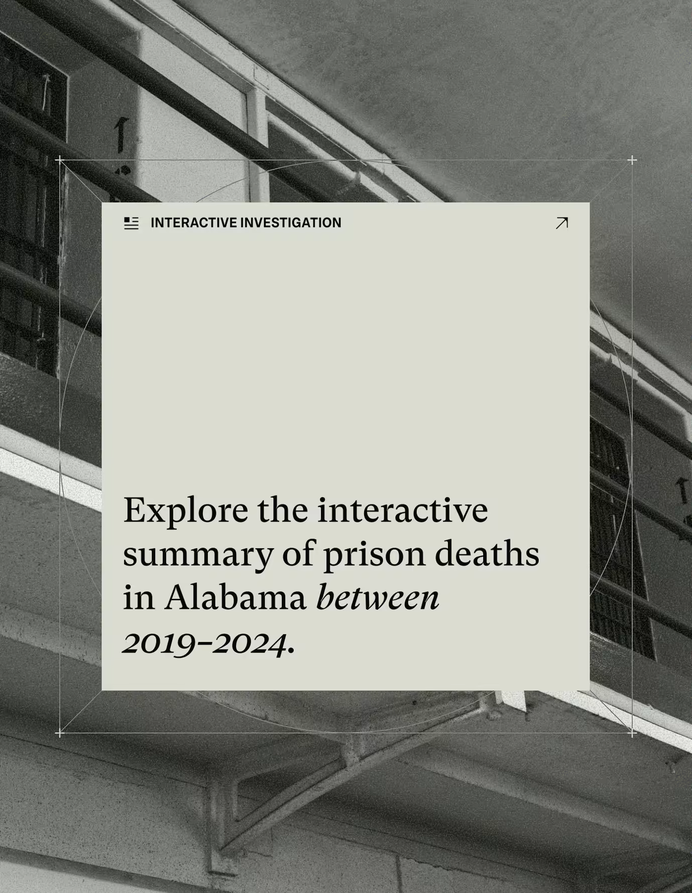 Stylized panel from thealabamasolution.com with heavy barbed wire overlays and portrait grids, with a large call to action: 'Explore the *interactive summary of prison deaths* in Alabama *between 2019-2024*.' Tubik design.