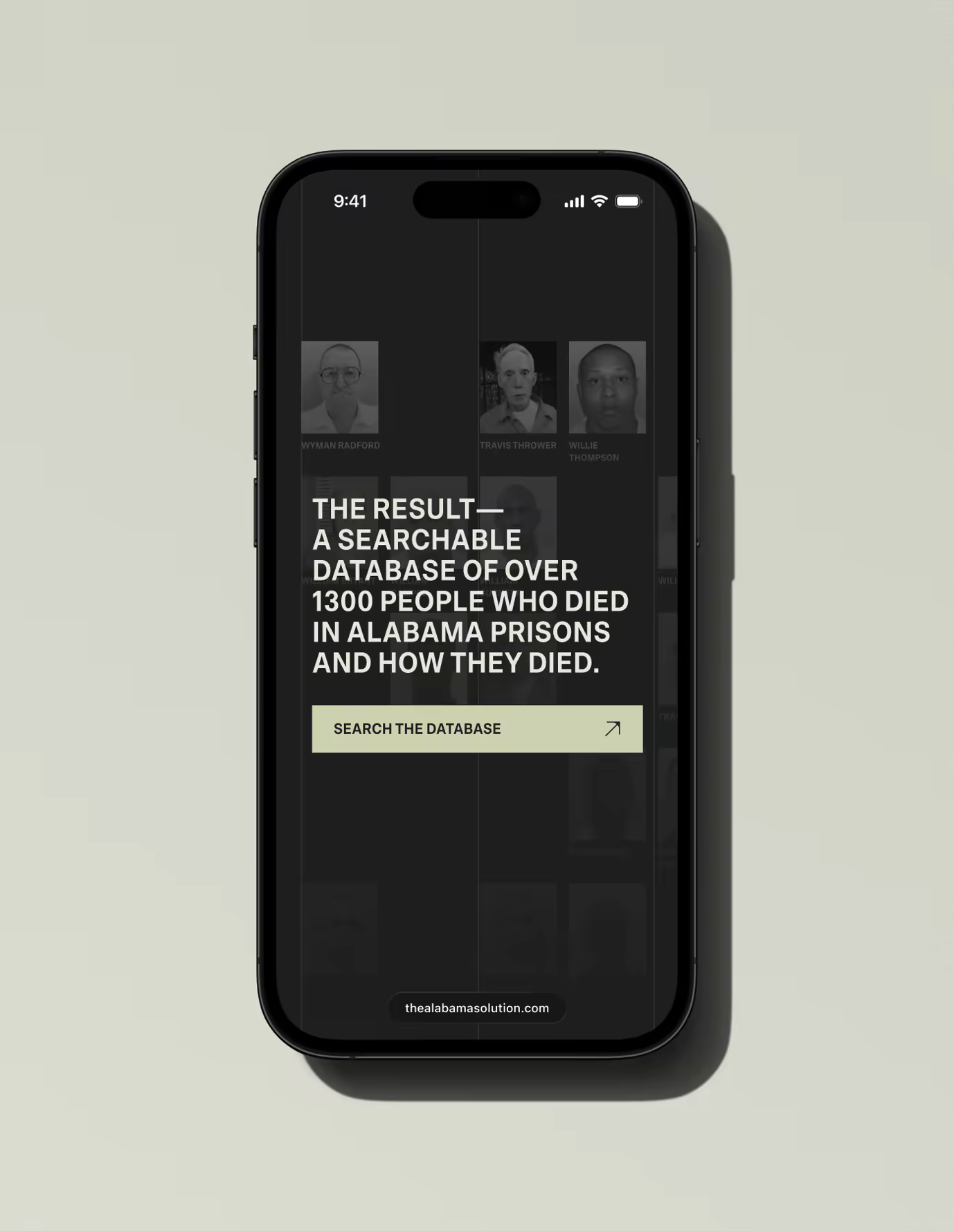 Smartphone screen mockup highlighting the central feature of thealabamasolution.com: 'A SEARCHABLE DATABASE OF OVER 1300 PEOPLE WHO DIED IN ALABAMA PRISONS AND HOW THEY DIED.' Call-to-action button: 'SEARCH THE DATABASE.' Designed by Tubik.