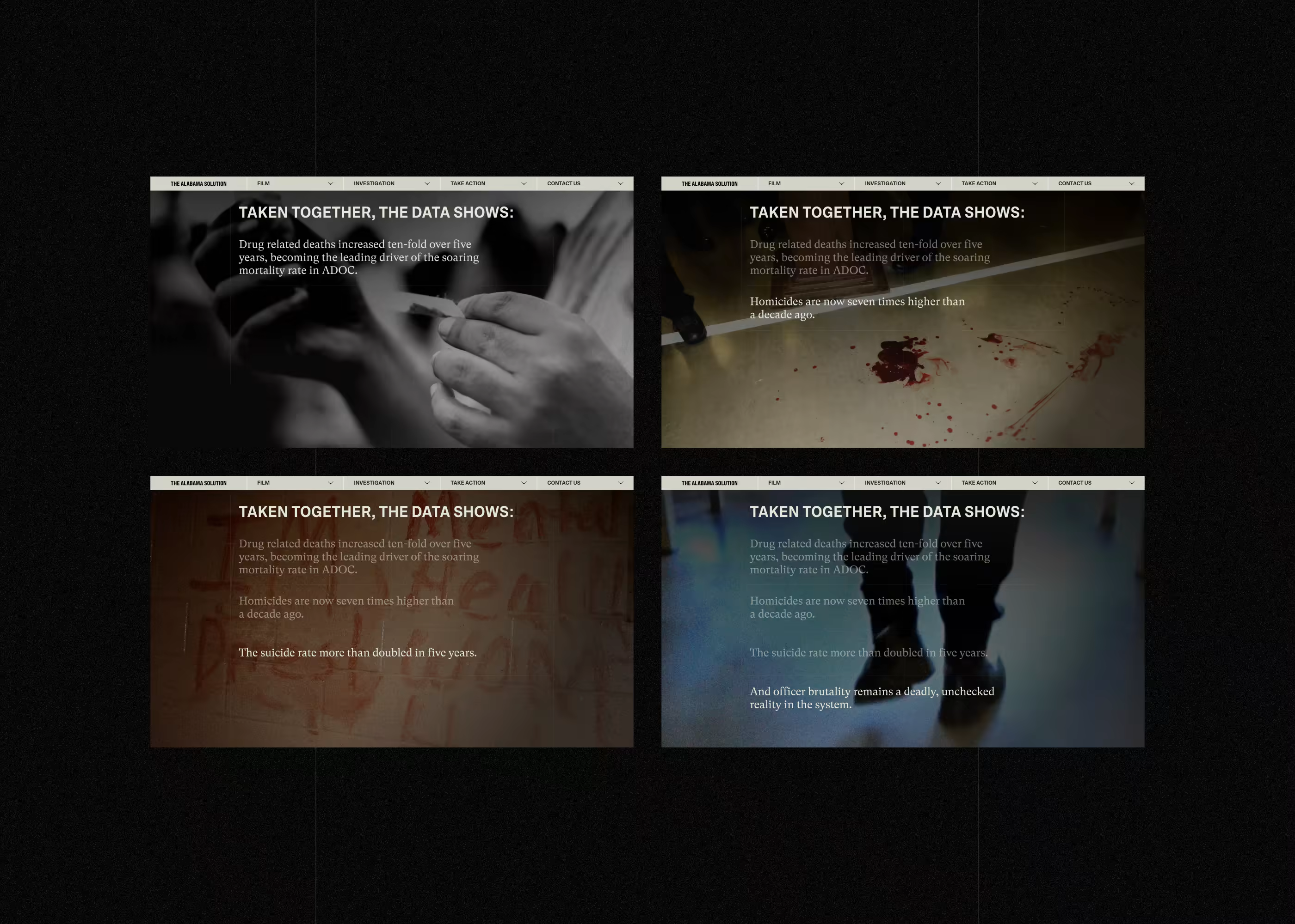 Grid composition of four distinct narrative panels from thealabamasolution.com summarizing critical investigative conclusions. All panels are titled 'TAKEN TOGETHER, THE DATA SHOWS:' and detail increasing drug-related deaths, rising homicides, doubling suicide rates, and unchecked officer brutality in Alabama prisons, complete with dramatic visuals. Designed by Tubik.