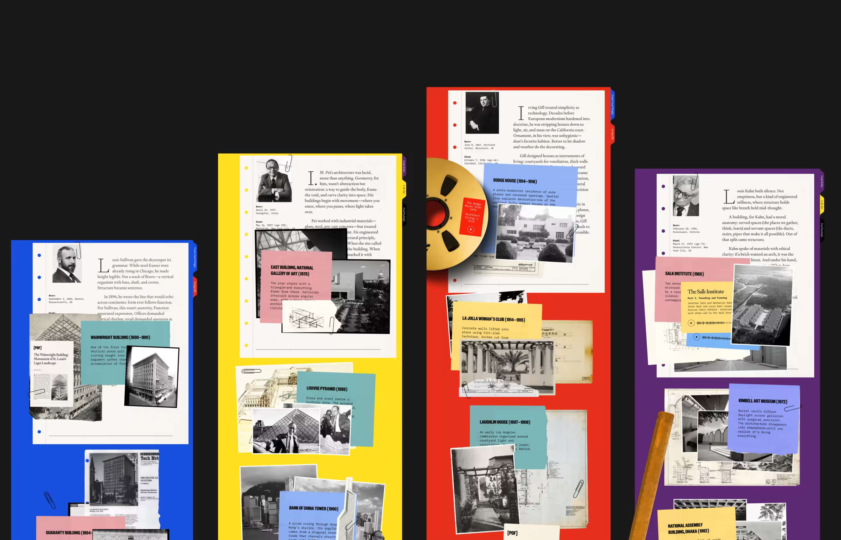 An overview of four web pages from the Mosby's Files website, presented against a dark background. The CSS-only skeuomorphic design transforms each page into a brightly colored physical archival folder—in blue, yellow, red, and purple. Each folder profiles a prominent architect of American Modernism, featuring a layered, immersive layout of black-and-white portraits, text documents, architectural photography, blueprints, sticky notes, and paperclips to simulate a researcher's physical files.
