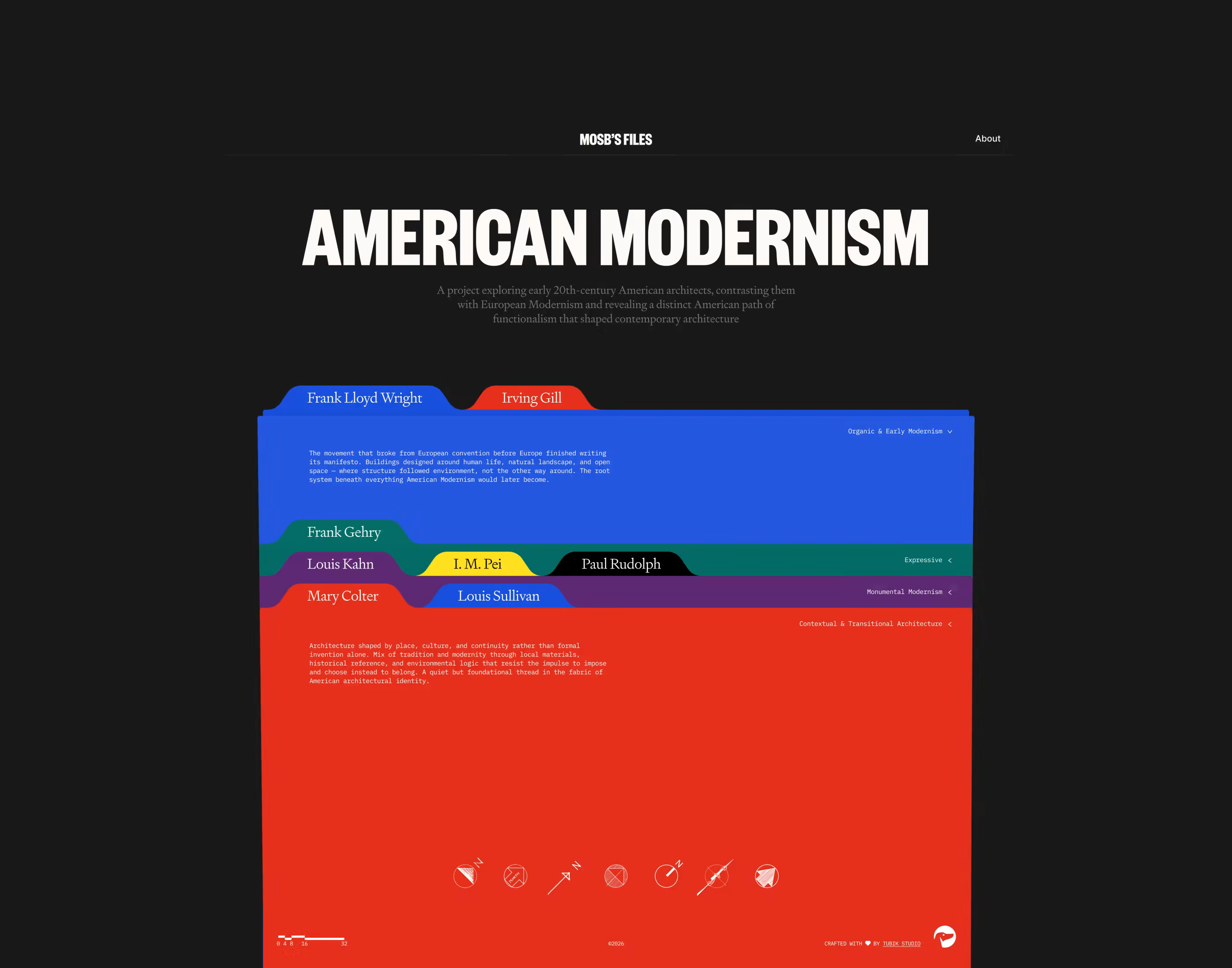 American Modernism webpage featuring a dark interface with the title “American Modernism,” a short introduction to early 20th-century American architecture, and colorful layered tabs for architects including Frank Lloyd Wright, Irving Gill, Frank Gehry, Louis Kahn, I. M. Pei, Paul Rudolph, Mary Colter, and Louis Sullivan.