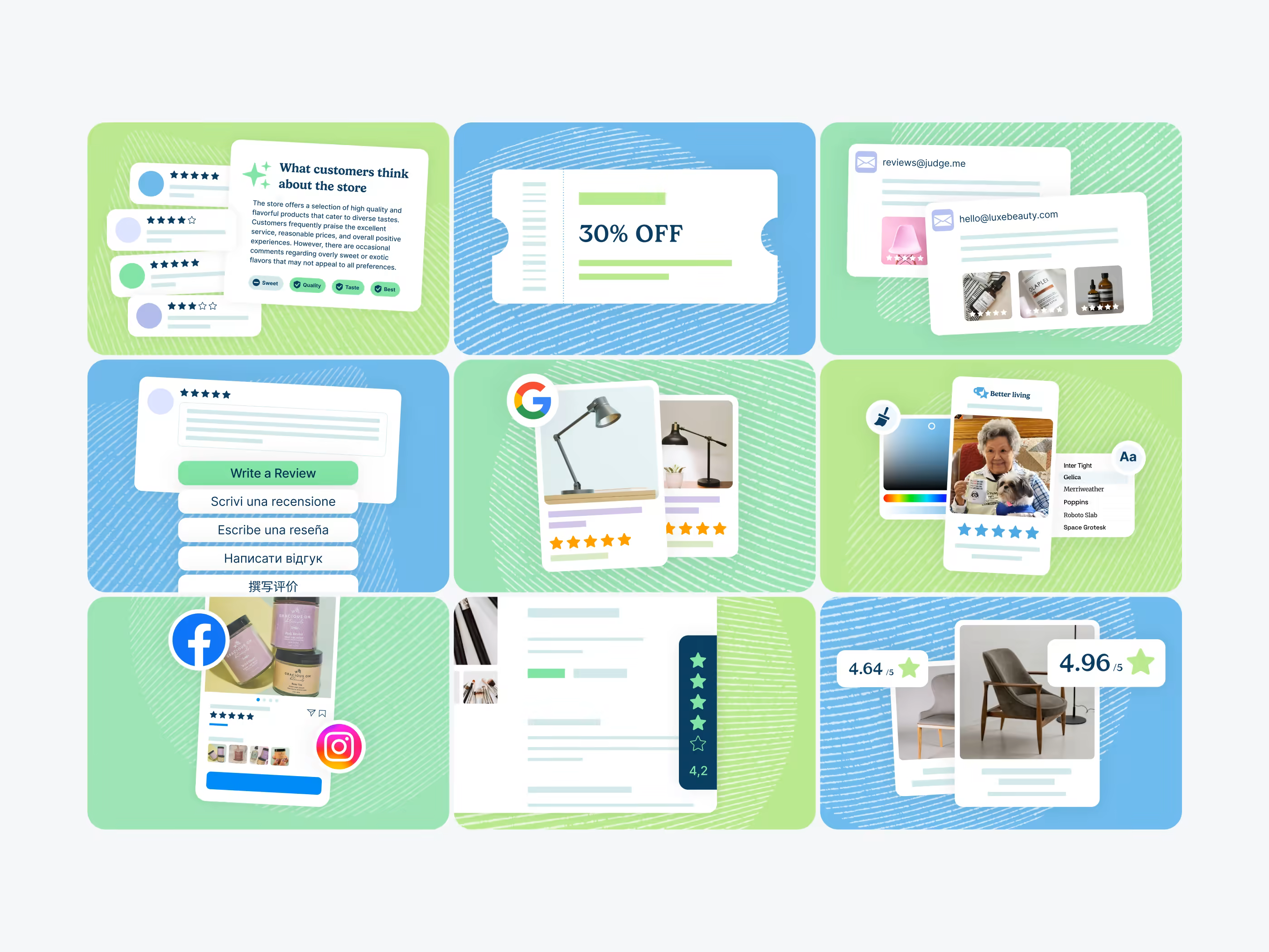 Judge.me review widget interface featuring Google integration, social media icons, and design customization
