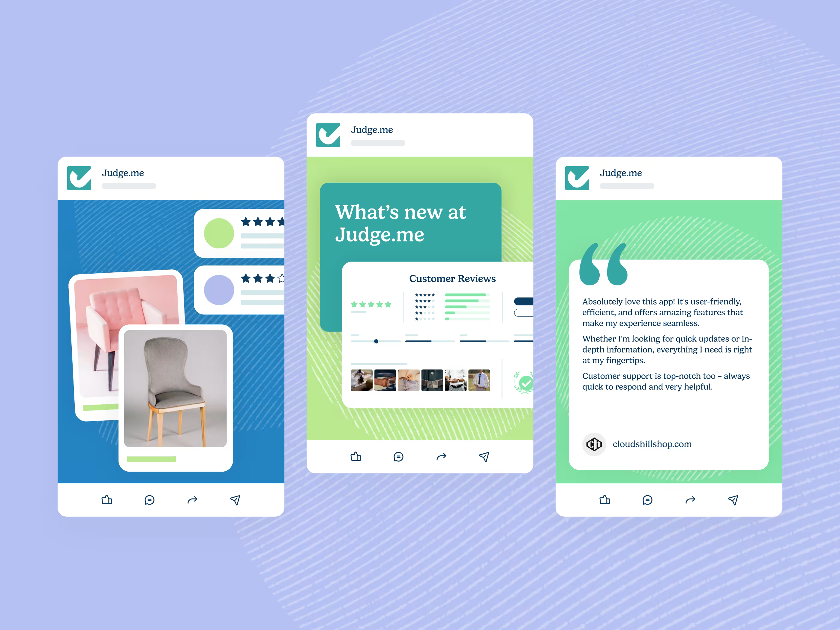 Judge.me mobile widgets displaying customer product reviews, service updates, and buyer quotes