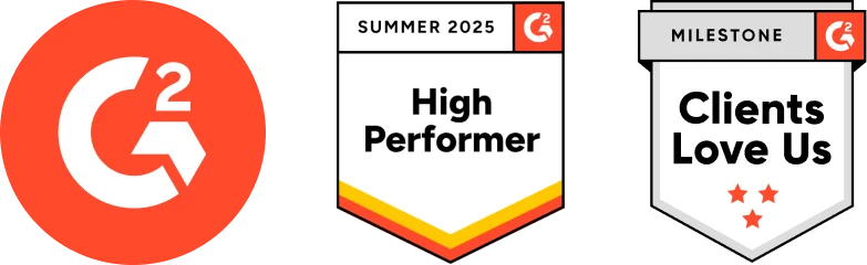 G2 logo alongside the High Performer 2025 and "Clients Love Us" badges