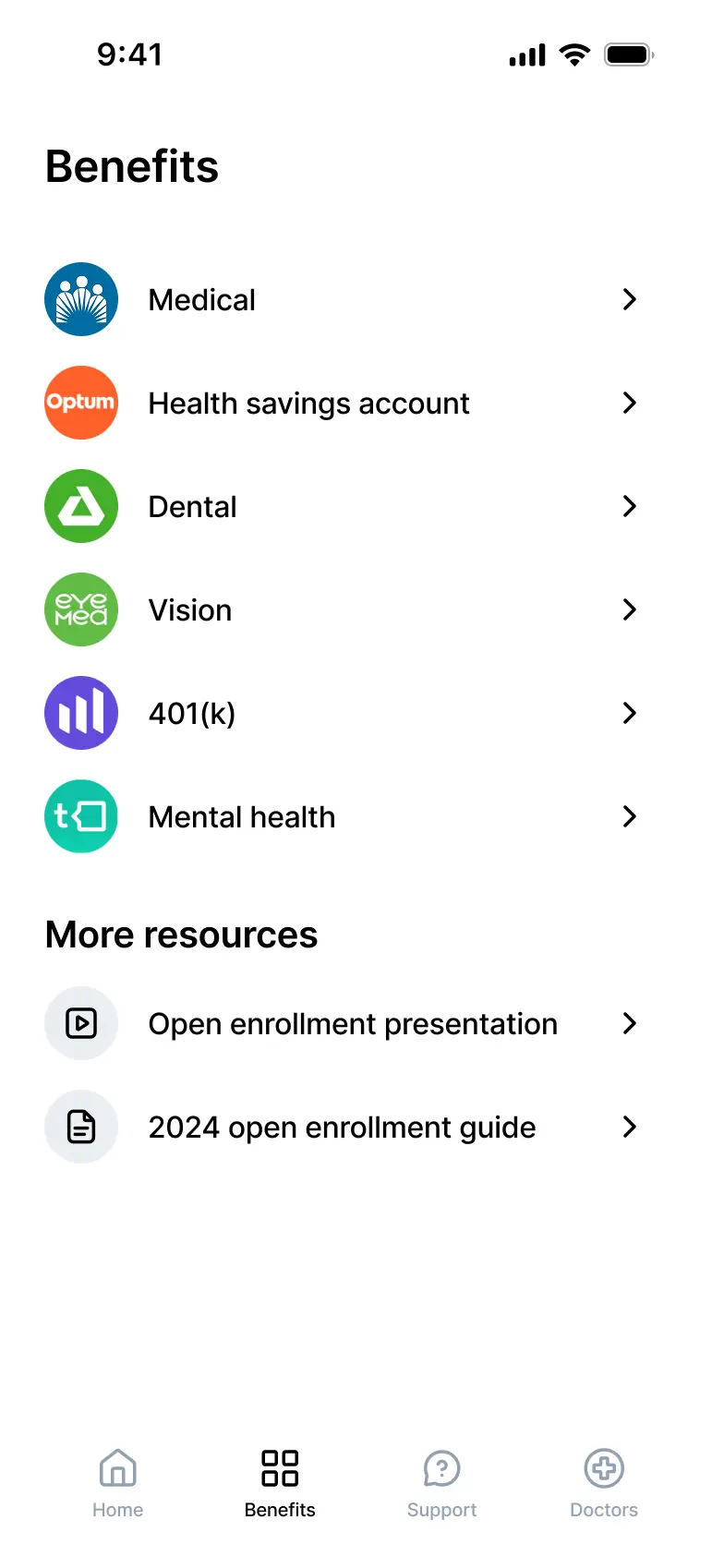 HQ for Employees screen showing benefits categories including Medical, Health savings account, Dental, Vision, 401(k), and Mental health, with additional resources for open enrollment presentation and guide.