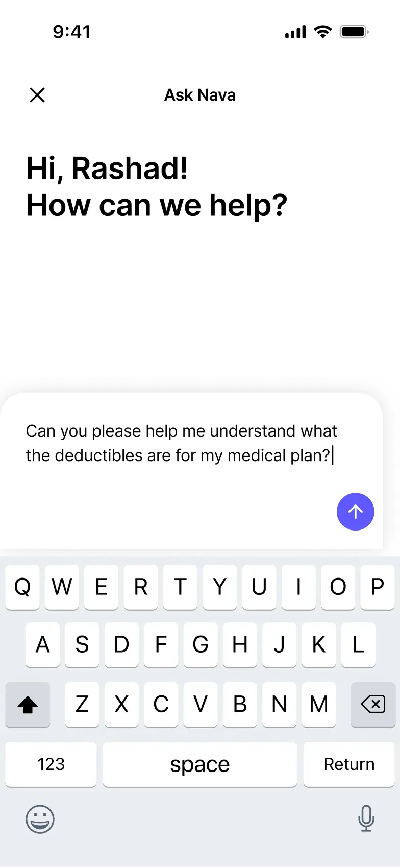 HQ for Employees mobile chat interface with greeting and user typing 'Can you please help me understand what the deductibles are for my medical plan?'