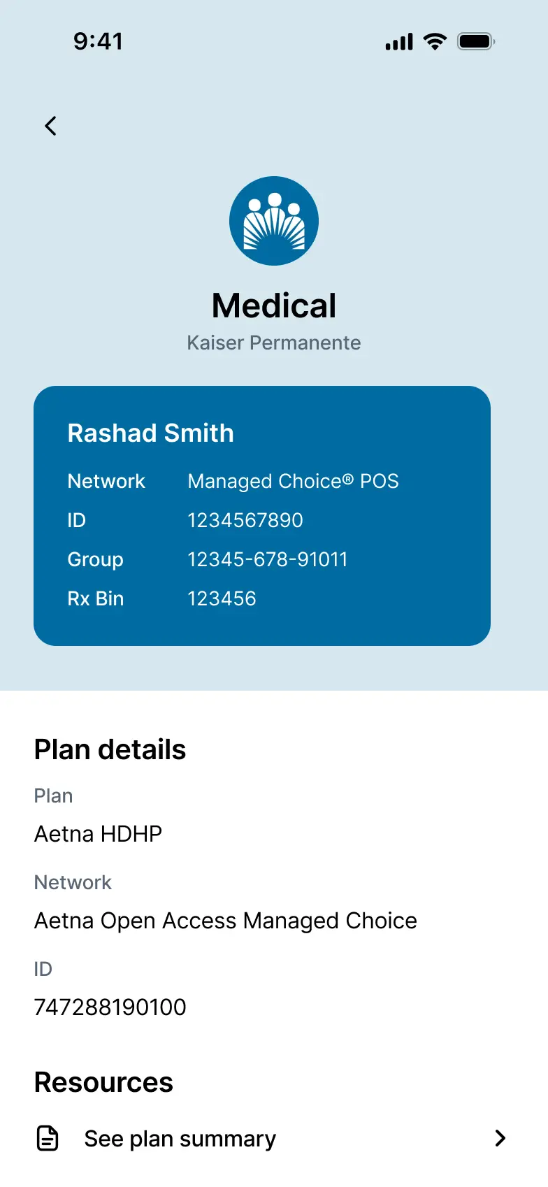 HQ for Employees screen showing dedical card and plan details.