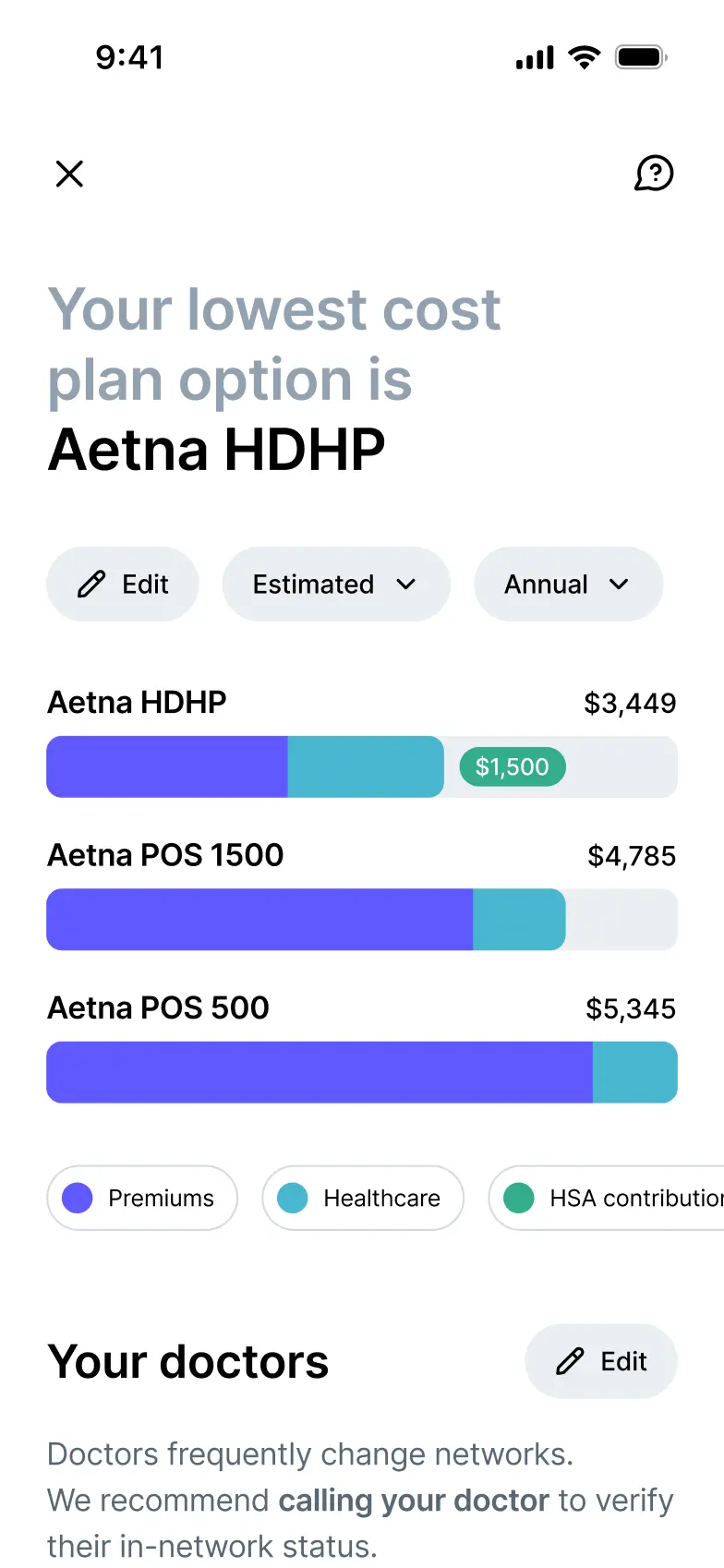 Mobile screen for HQ for Employees comparing medical plans.