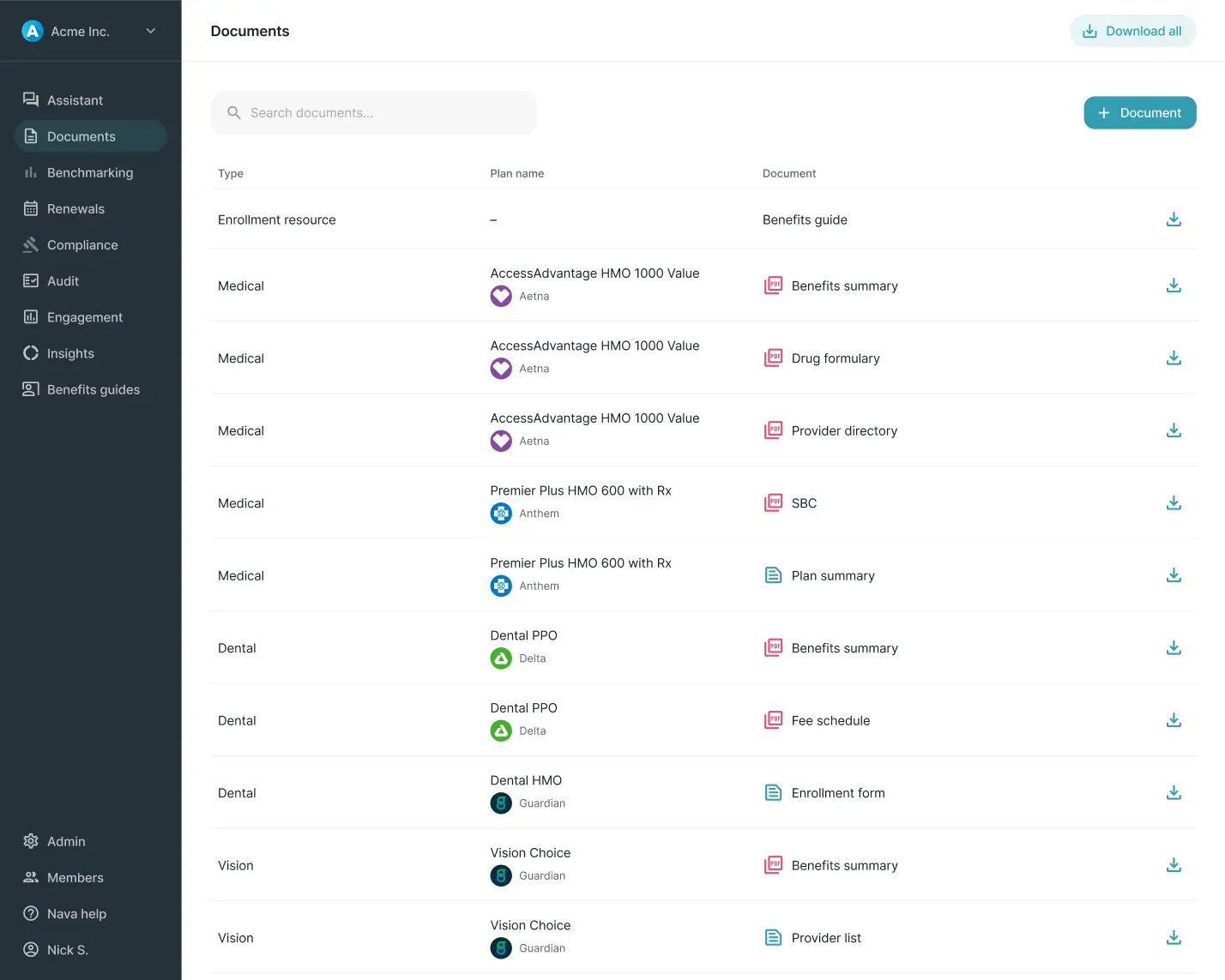 User interface screen showing a document management system with categories like Medical, Dental, and Vision, listing plan names and document types.