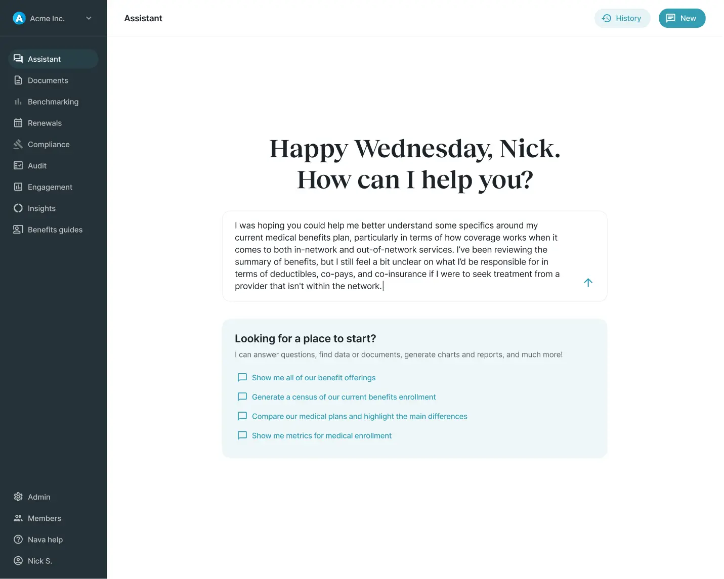 User interface of Nava HQ assistant showing a message input about understanding medical benefits coverage and suggestions for benefit offerings.