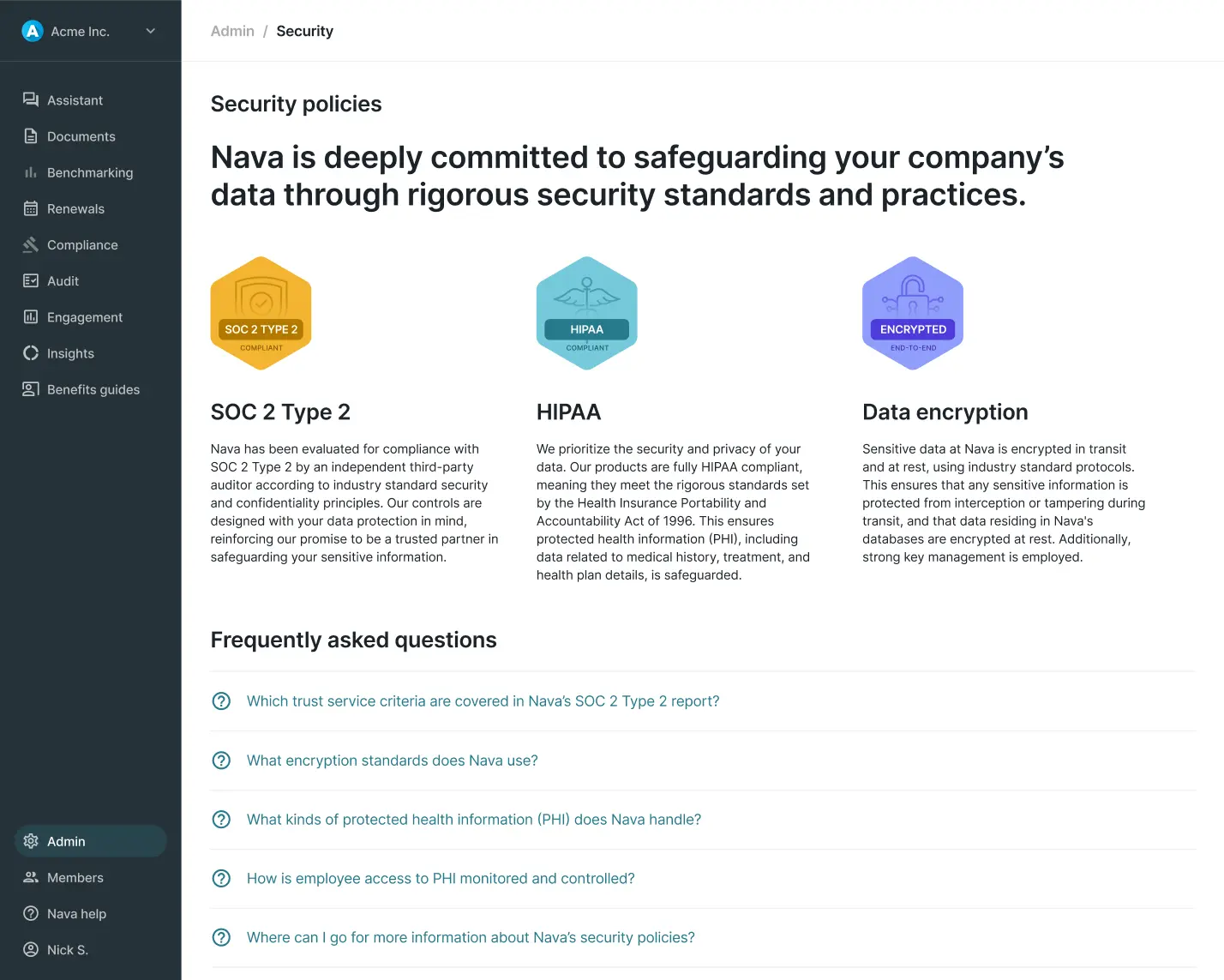 Admin Security page showing security policies with SOC 2 Type 2, HIPAA, and data encryption compliance details and a FAQ section.