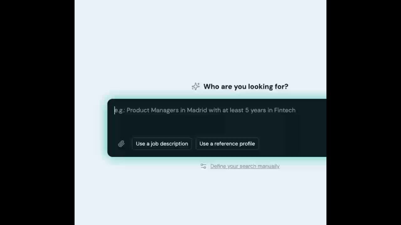 Nova Recruiter natural-language search box asking who are you looking for, with an example query about product managers in Madrid with fintech experience and options to use a job description or reference profile