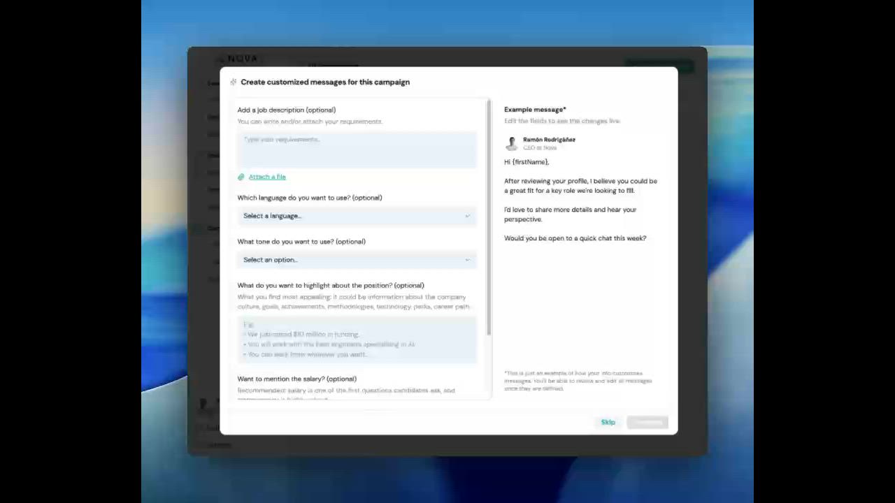 Nova Recruiter outreach composer titled create customized messages for this campaign with job description, language, tone, highlight and salary fields beside a live example message preview