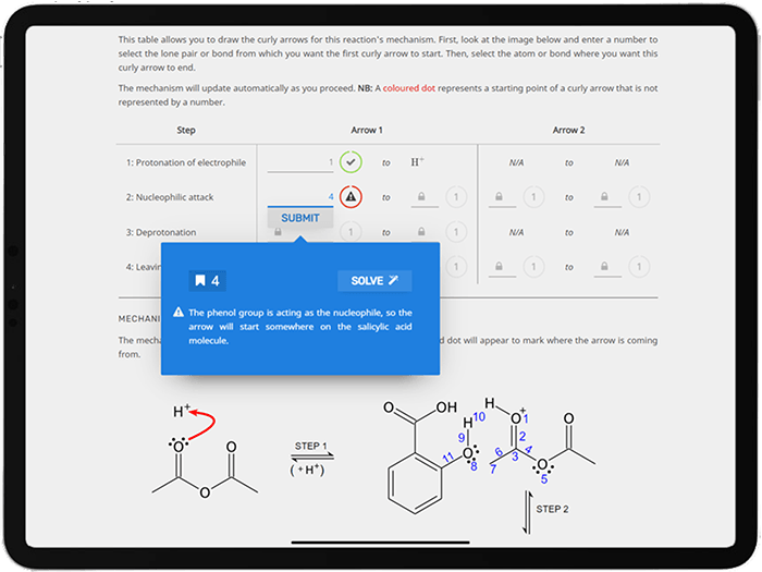 A tablet showing a smart worksheet featuring molecules, input fields and feedback popup boxes