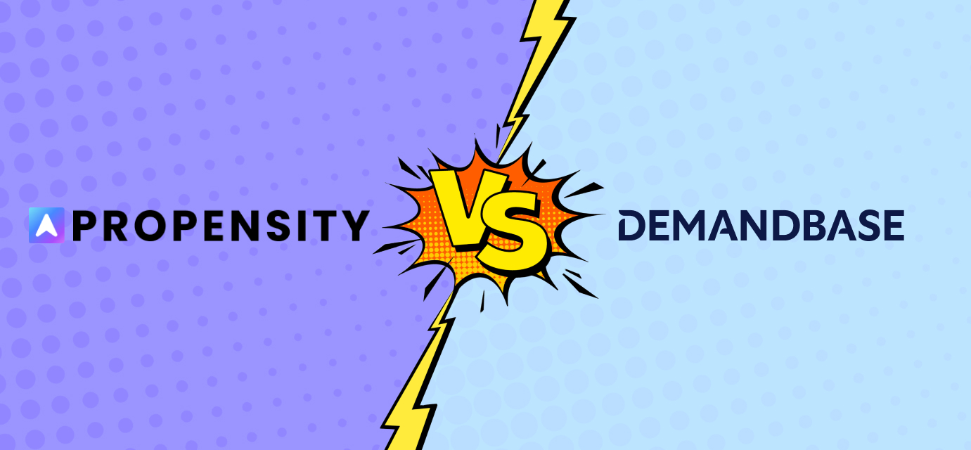 Graphic with a purple background on the left and a light blue background on the right separated by a yellow lightning bolt, featuring the text 'PROPENSITY' with its logo on the left and 'DEMANDBASE' on the right, with a comic-style explosion in the center containing the letters 'VS' in yellow.