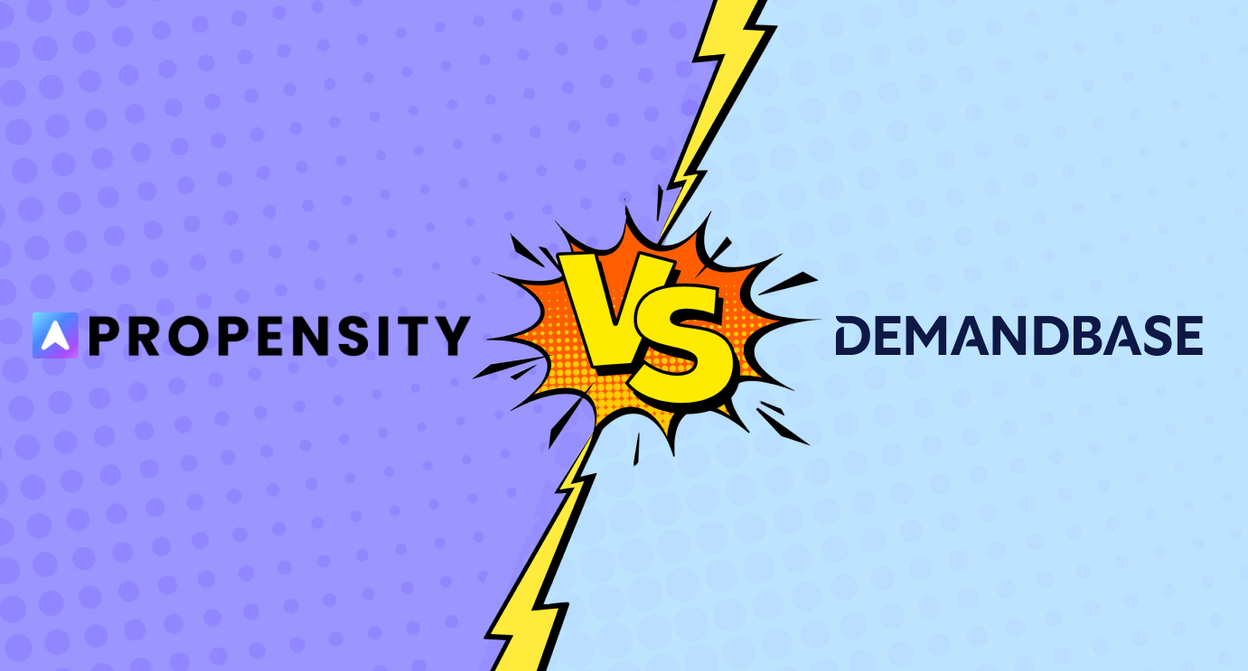 Graphic with a purple left half and light blue right half background, featuring 'PROPENSITY' with a blue and white icon on the left, 'VS' in large yellow letters with an orange comic-style burst in the center, and 'DEMANDBASE' in dark blue letters on the right, separated by yellow lightning bolts.