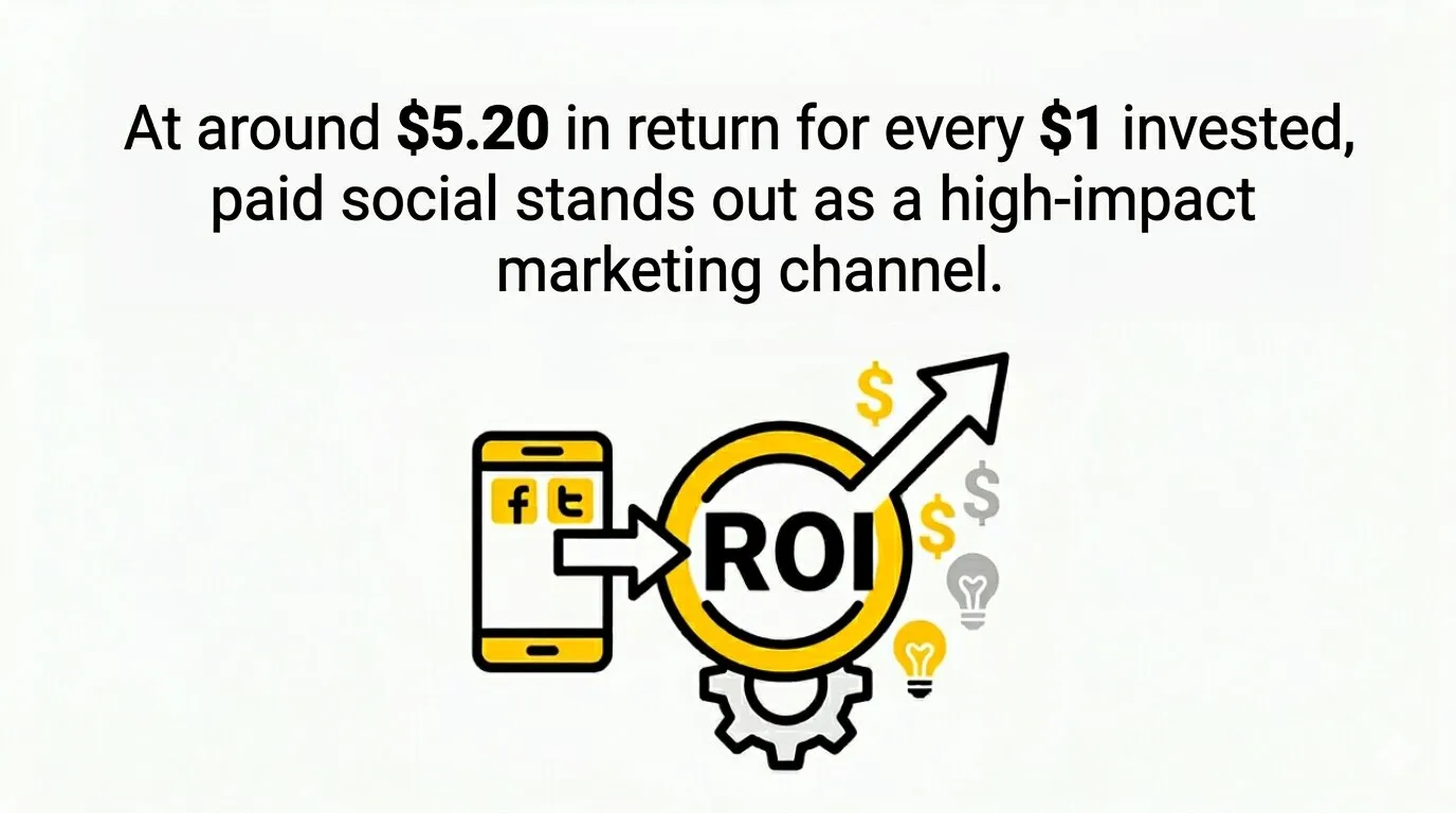 At around $5.20 in return for every $1 invested, paid social stands out as a high-impact marketing channel.