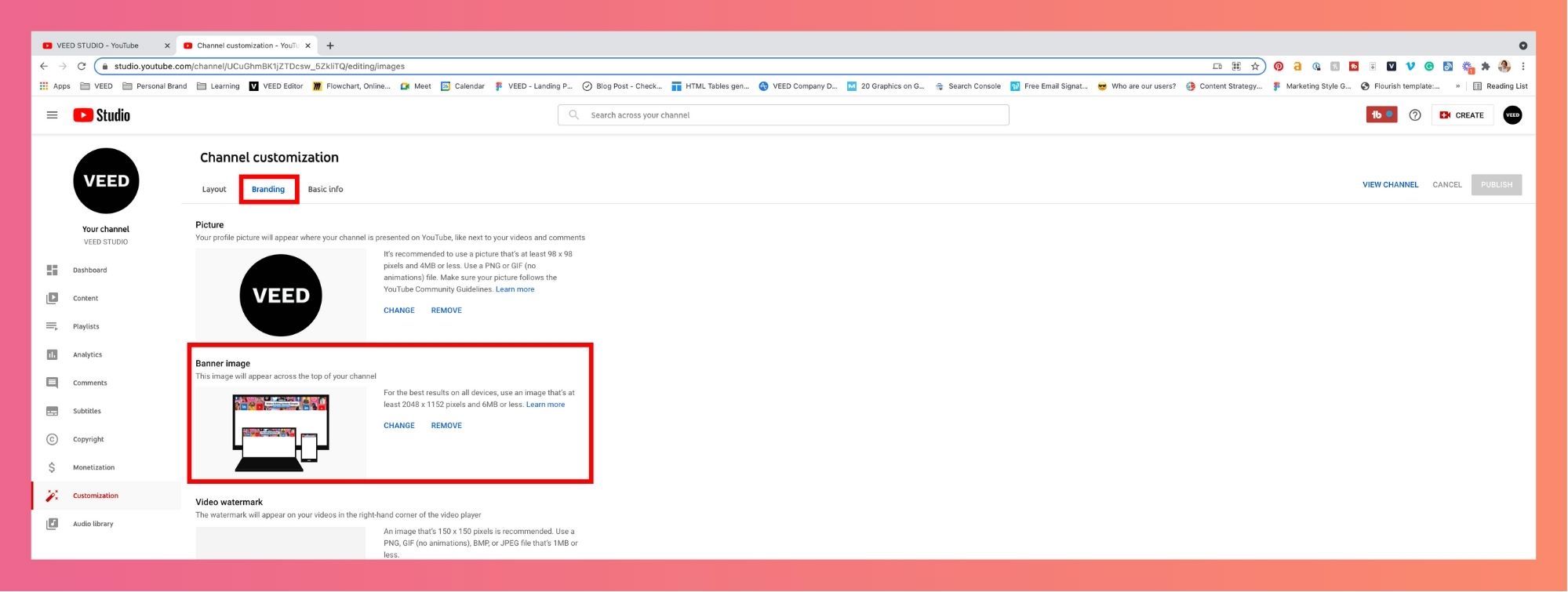 Screenshot showing YouTube Studio's channel customization. This image is indicating the reader to click on 'branding' located underneath the Channel Customization header text and then to click 'change' beside the banner imag section located in between picture and video watermark