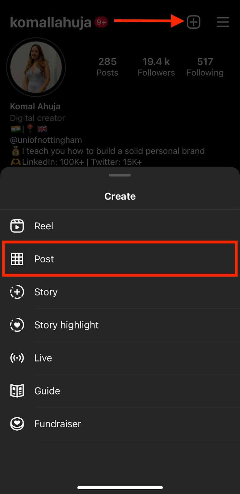 Snapshot of the add new feed post button on the Instagram.