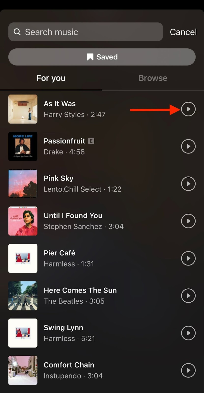 Screenshot of the Instagram's stock library of music.