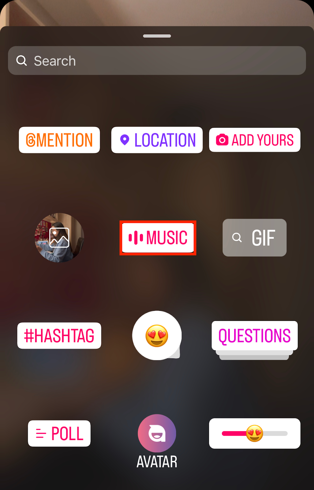 Screenshot of the stickers library on Instagram's storymaker.