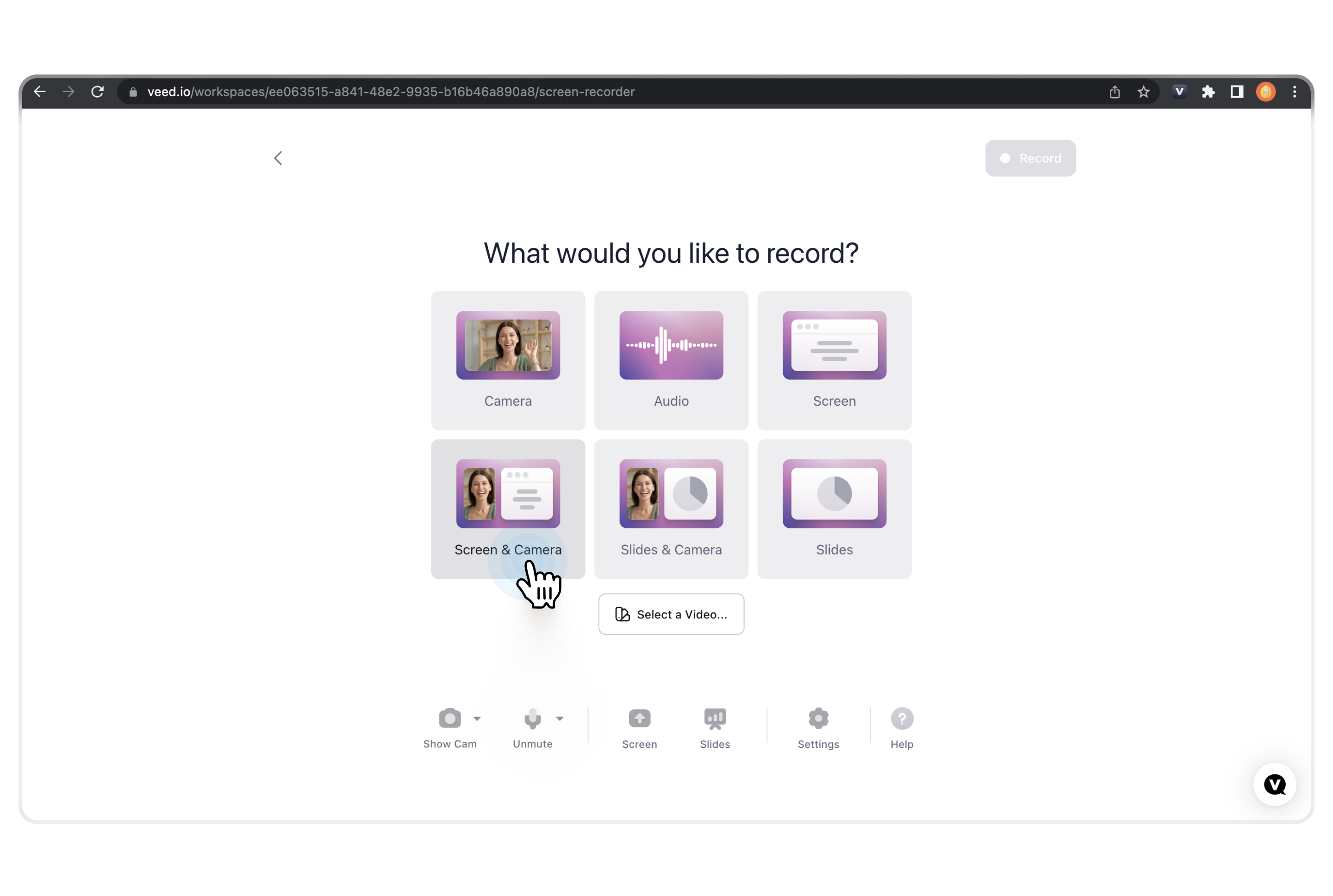 Screenshot of the screen recording options on VEED