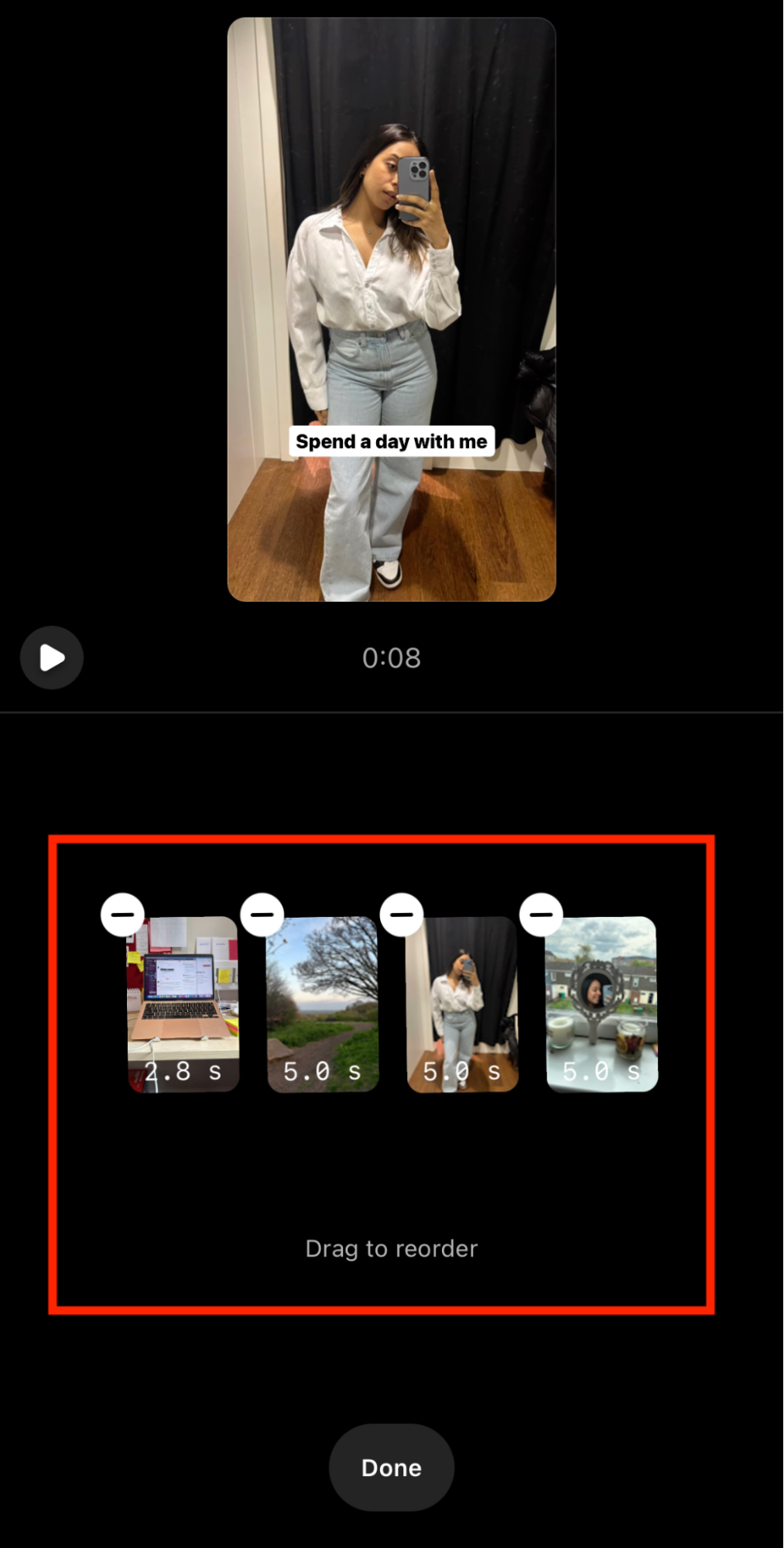 Snapshot of the Instagram reel maker with multiple photos added.