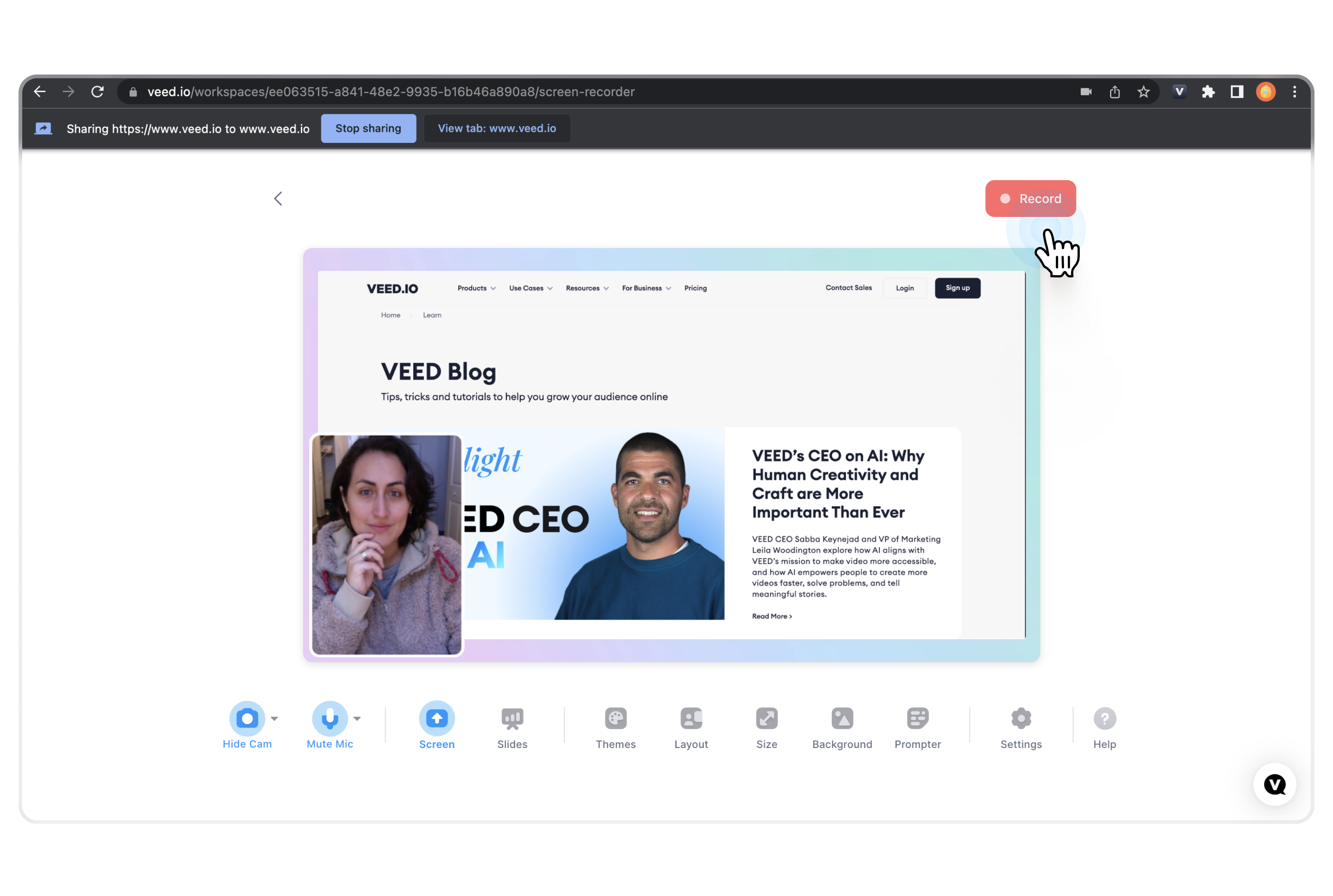 Screenshot of the record button on VEED