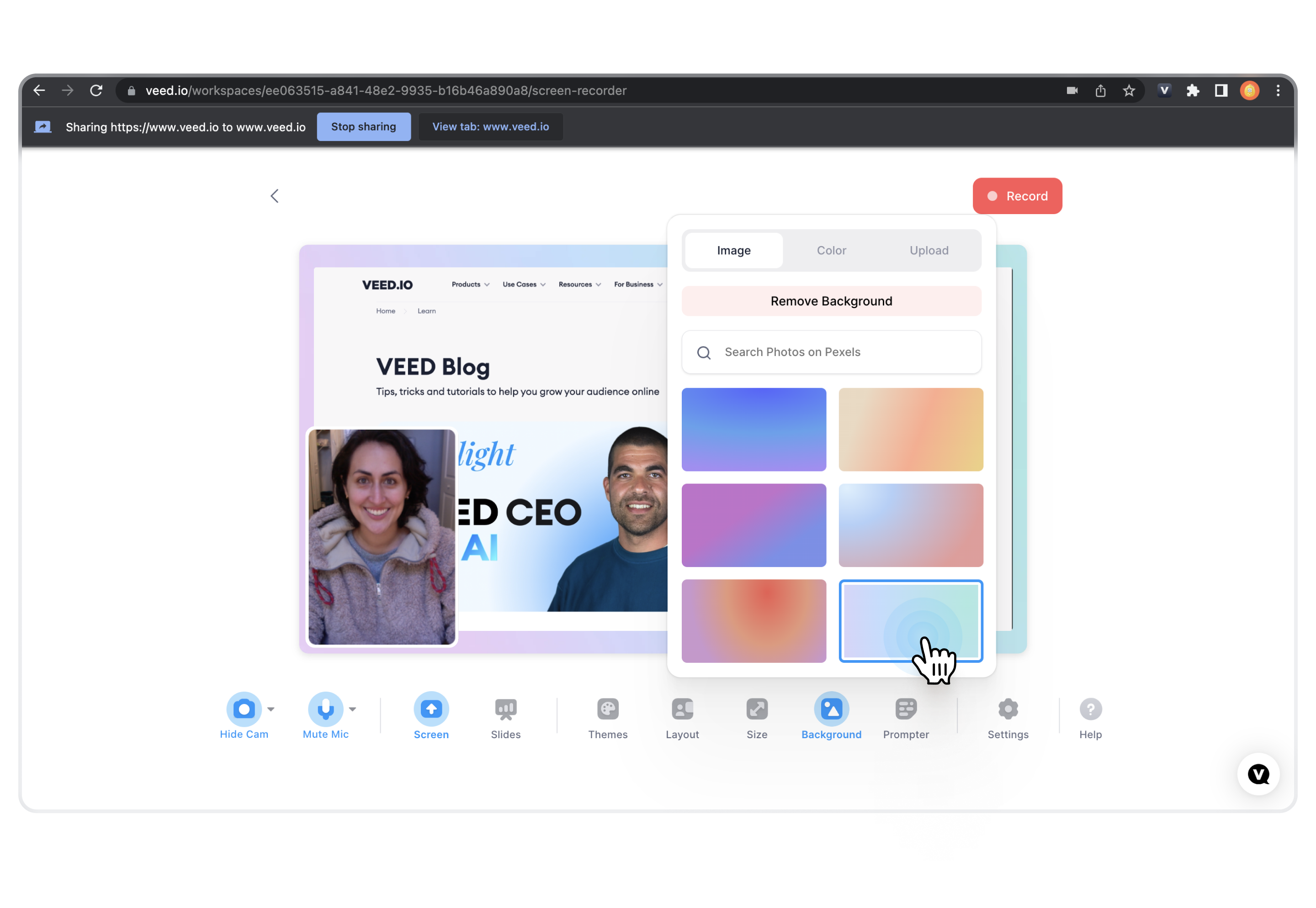 Choosing a background/theme for your recording on VEED