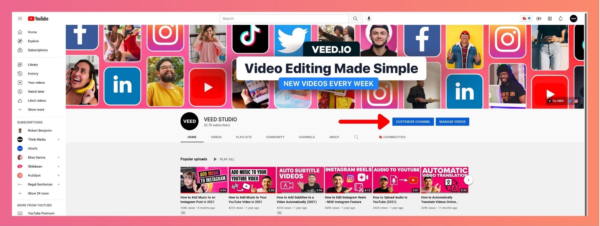 screenshot fo VEED's youtube channel showing people to click on the blue 'customize channel' button below their current banner to upload their new youtube banner art