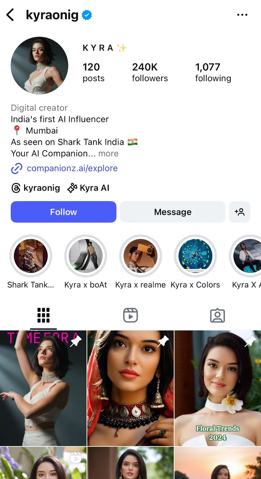 Mobile view of Kyra's Instagram profile