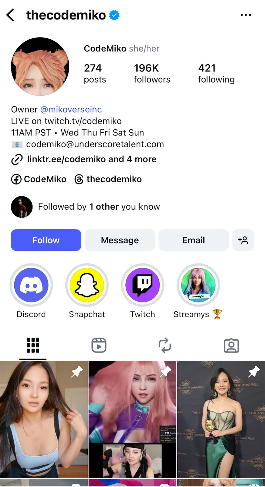 Mobile view of CodeMiko's Instagram profile