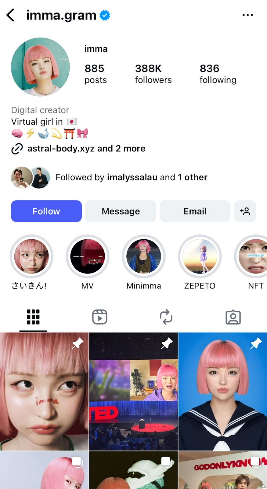 Mobile view of Imma's Instagram profile
